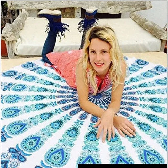 150cm Bedding Round Beach Scarf Fire Peacock Mandala Chiffon Beach Swim Towels Bohemia Bain Para Playa Toallas Pashmina LM93