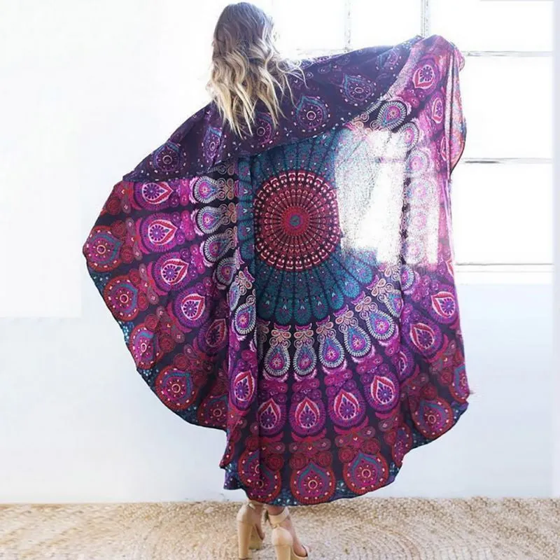 150cm Bedding Round Beach Scarf Fire Peacock Mandala Chiffon Beach Swim Towels Bohemia Bain Para Playa Toallas Pashmina LM93