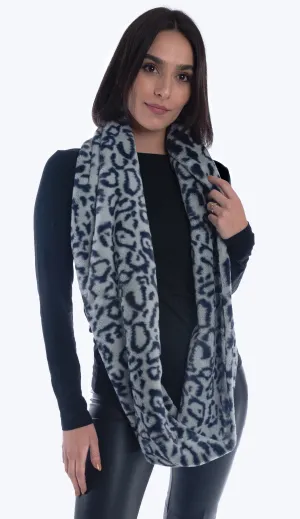 Blue Leopard Animal Print Infinity Scarf Faux Fur