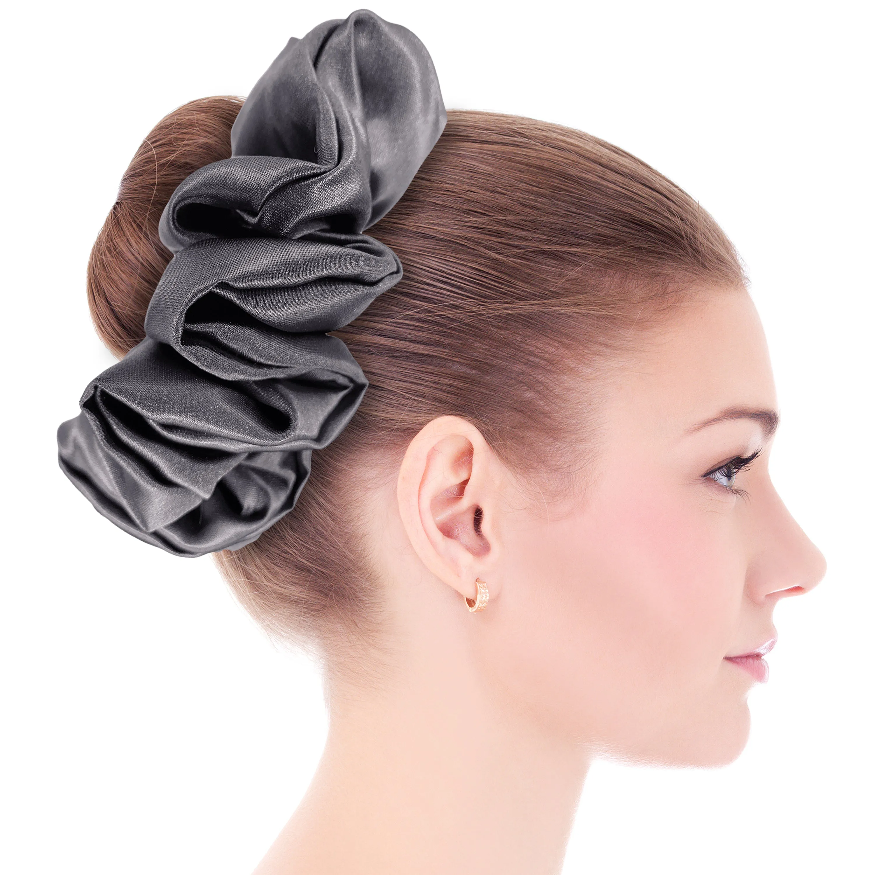 Bridal Satin Scrunchies King Size XXL Oversized Ponytail Holder Made in the USA Charcoal