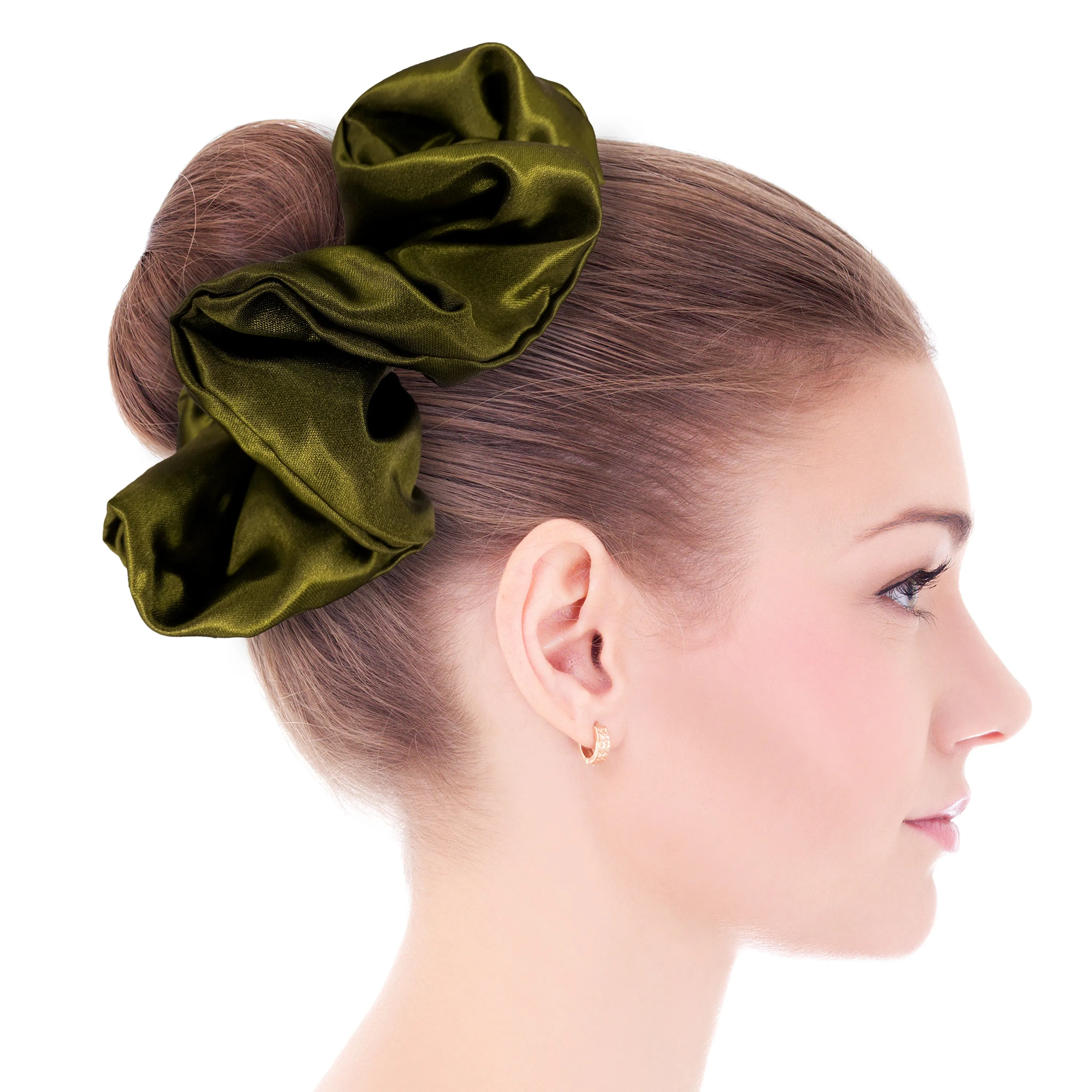 Bridal Satin Scrunchies King Size XXL Oversized Ponytail Holder Made in the USA Olive Dark