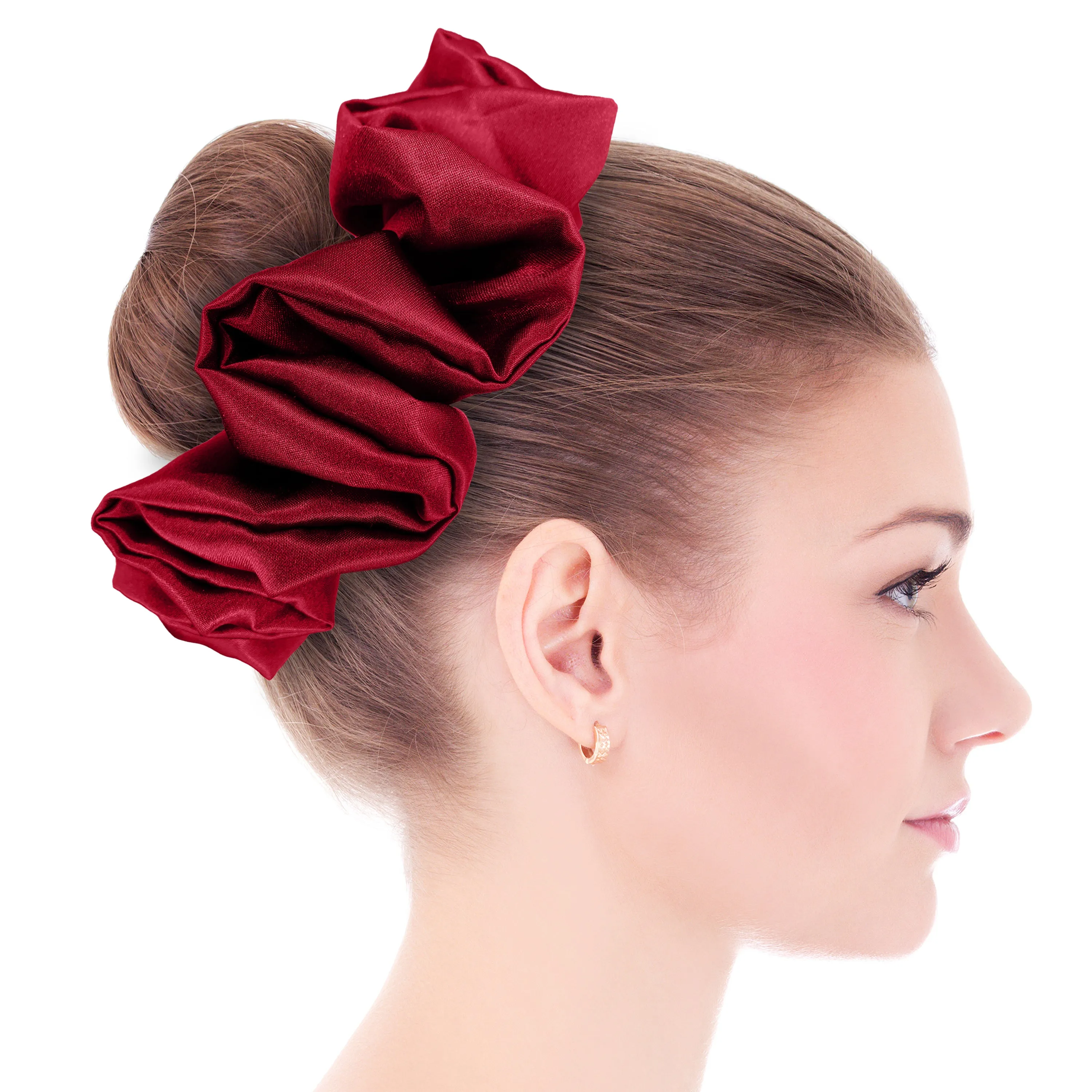 Bridal Satin Scrunchies King Size XXL Oversized Ponytail Holder Made in the USA Red Dark