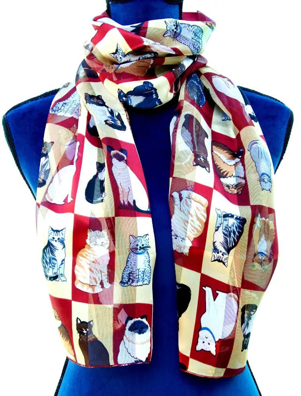 Burgundy Satin Chiffon Feel Cat Print Scarf