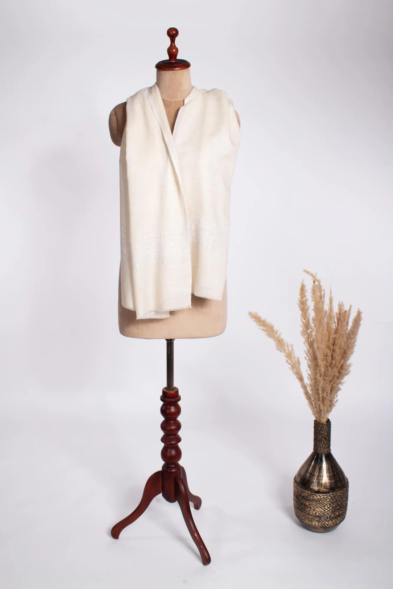 Cashmere Wrap in Ivory with Subtle White Embroidery - OKEHAMPTON