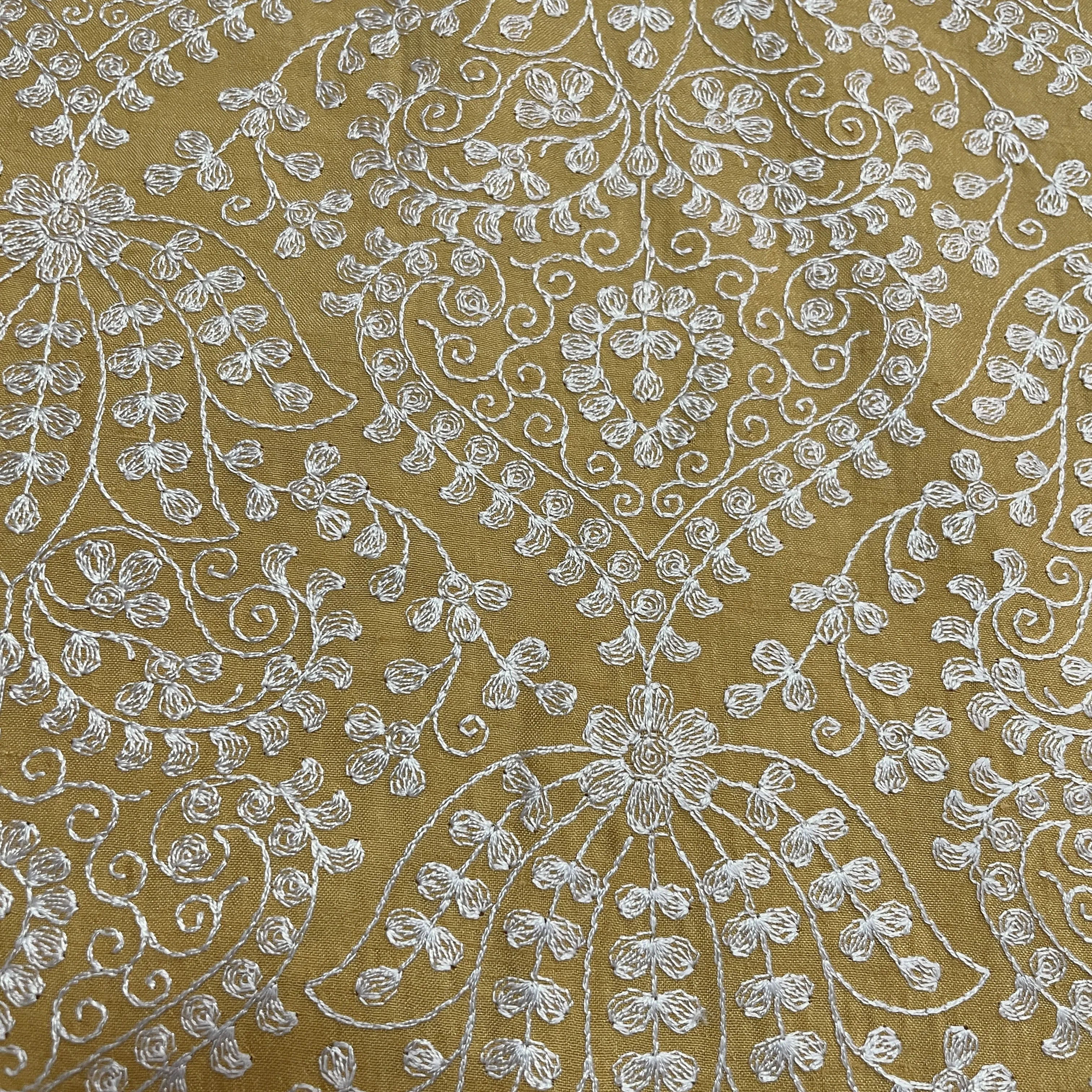 Classic Yellow Floral Thread Embroidery Bemberg Silk Fabric