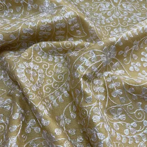 Classic Yellow Floral Thread Embroidery Bemberg Silk Fabric