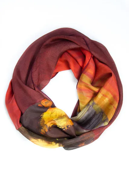 Ellen Brook Mixed Silk Infinity Scarf Ethereal Burgundy, Chocolate and Sunshine