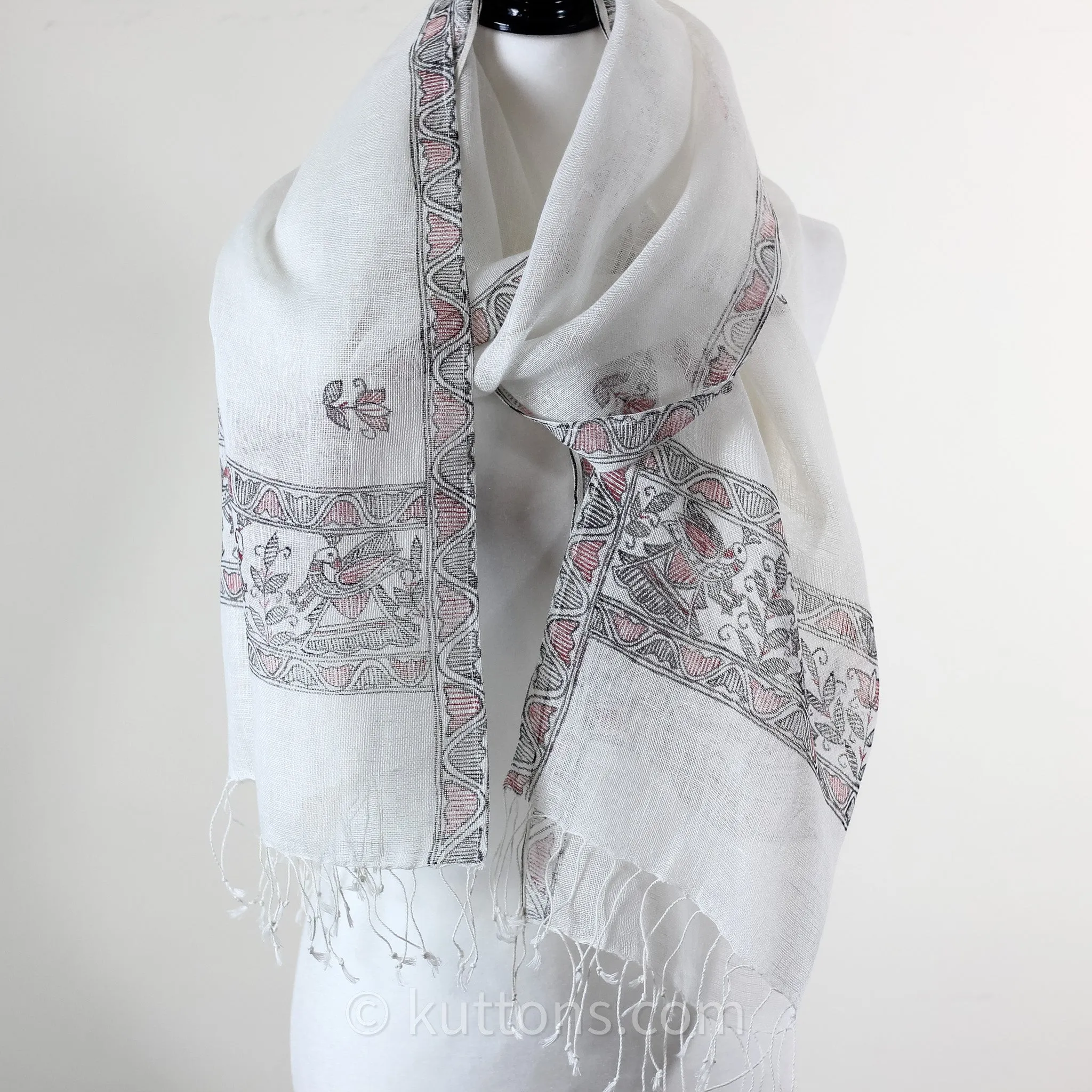 Ethnic Elegance - Madhubani Artisan Hand-Painted Linen Wrap | White, Peacock Motifs, 20x80"