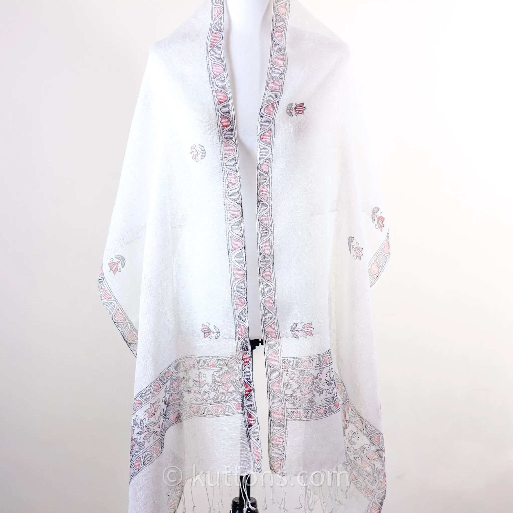 Ethnic Elegance - Madhubani Artisan Hand-Painted Linen Wrap | White, Peacock Motifs, 20x80"