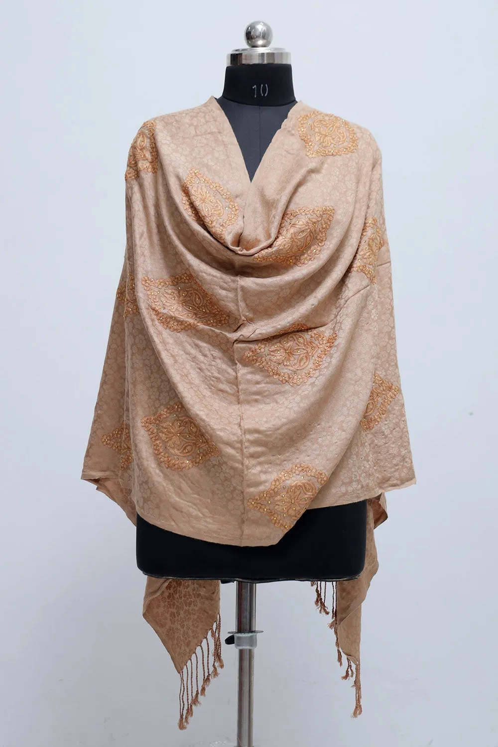 Fawn Colour  Stole Enriched With Aari Embroidery And A Touch Of Swarovski Looks Elegant.