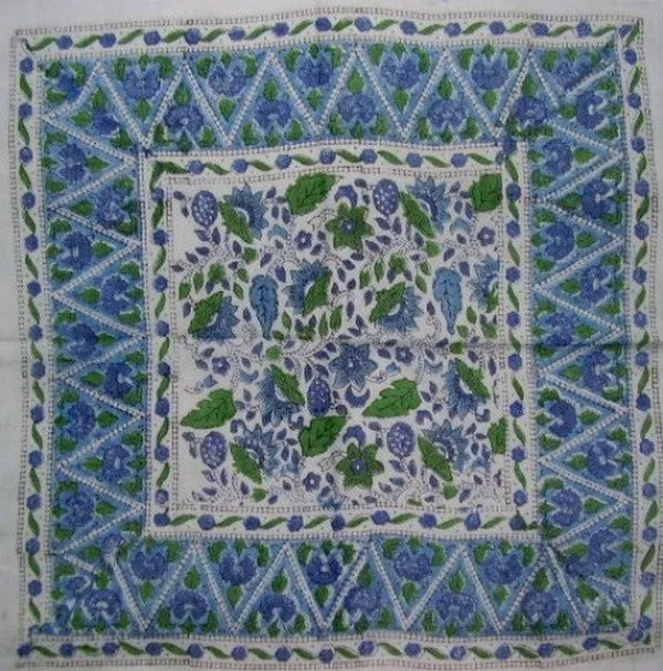 Floral Block Print Scarf Soft Light Cotton 20 x 20 Blue n Green