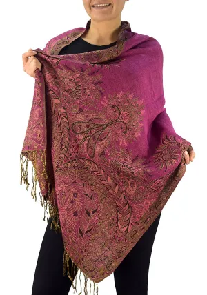 Fuchsia Peach Couture 27x72 Elegant Paisley Border Pattern Pashmina Shawl Scarf