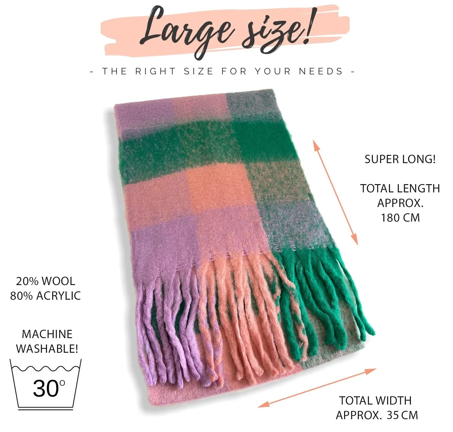 GREEN CHECKED WOOL RAINBOW BLANKET SCARF OVERSIZED WINTER SHAWL WRAP