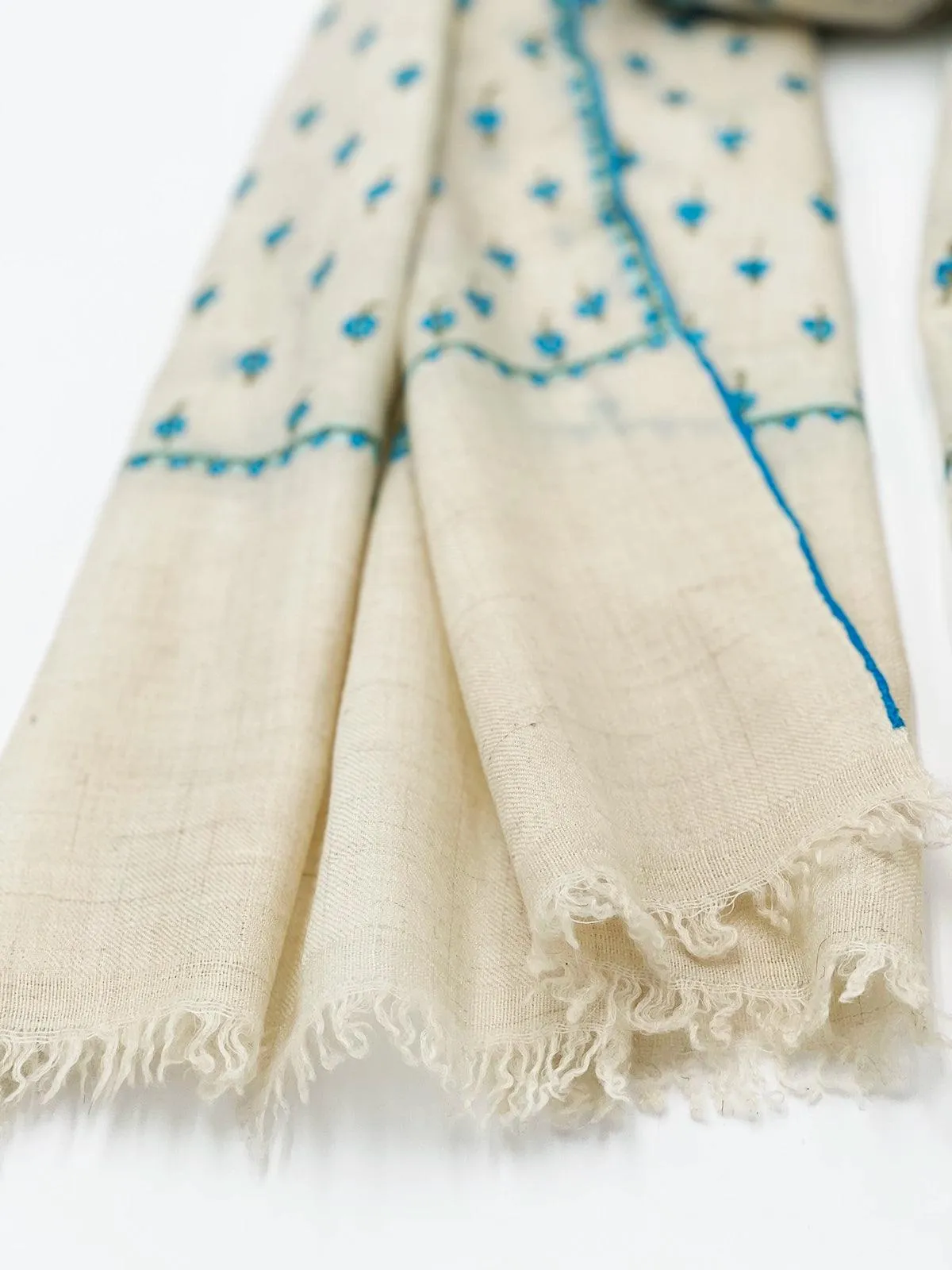 Handwoven 100% Pashmina - WHITE WITH TURQUOISE EMBROIDERY