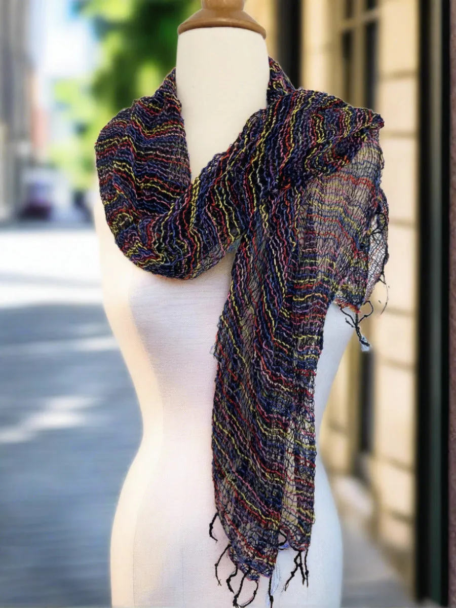 Handwoven Open Weave Cotton Scarf - Multi Blue Yellow