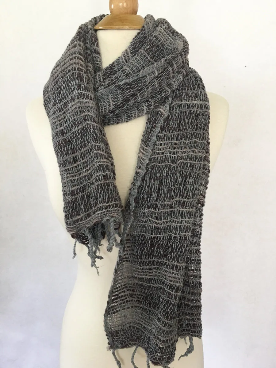 Handwoven Open Weave Cotton Scarf - Slate Blue Brown Multi