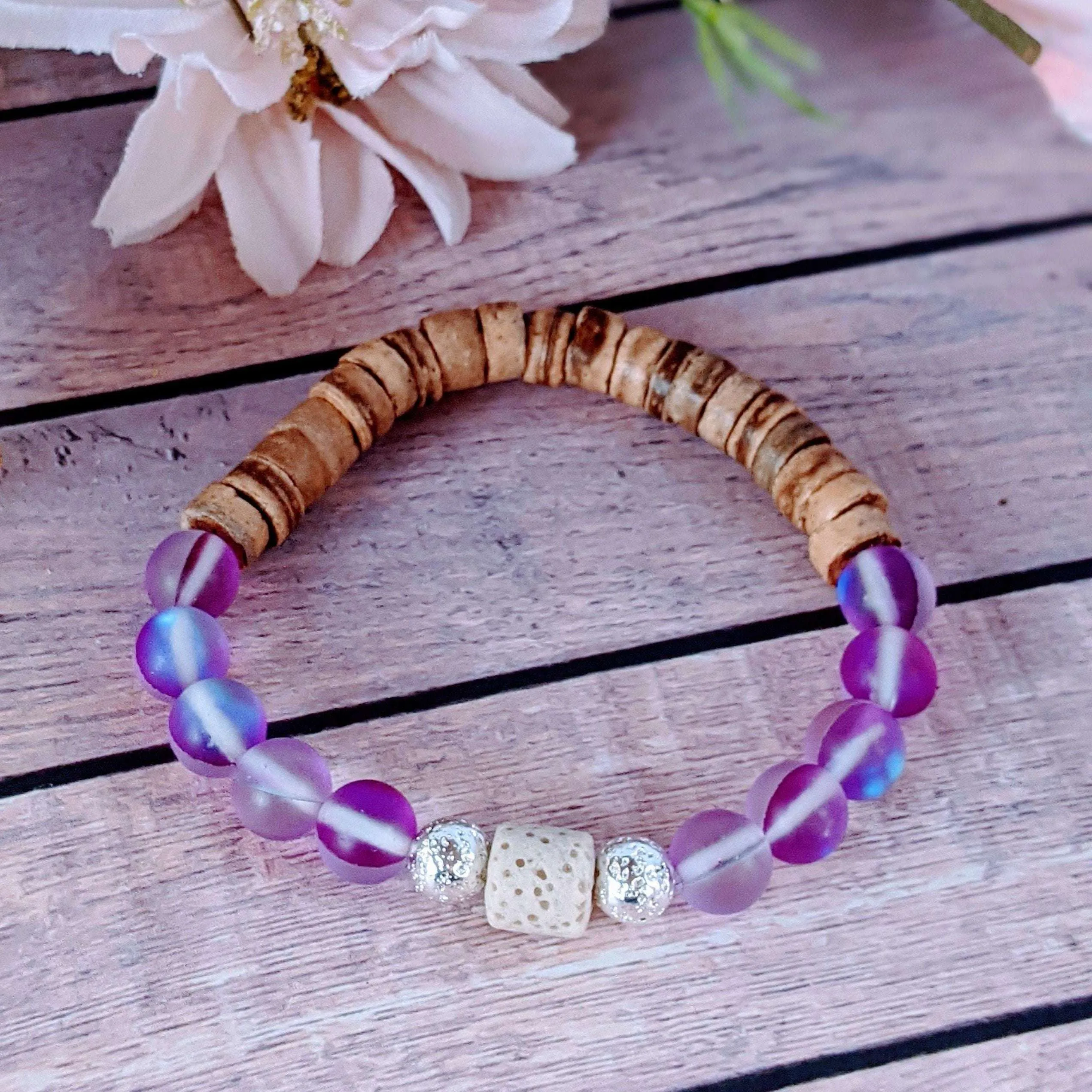 Iridescent Purple Mystic Aura Quartz Gemstone Diffuser bracelet