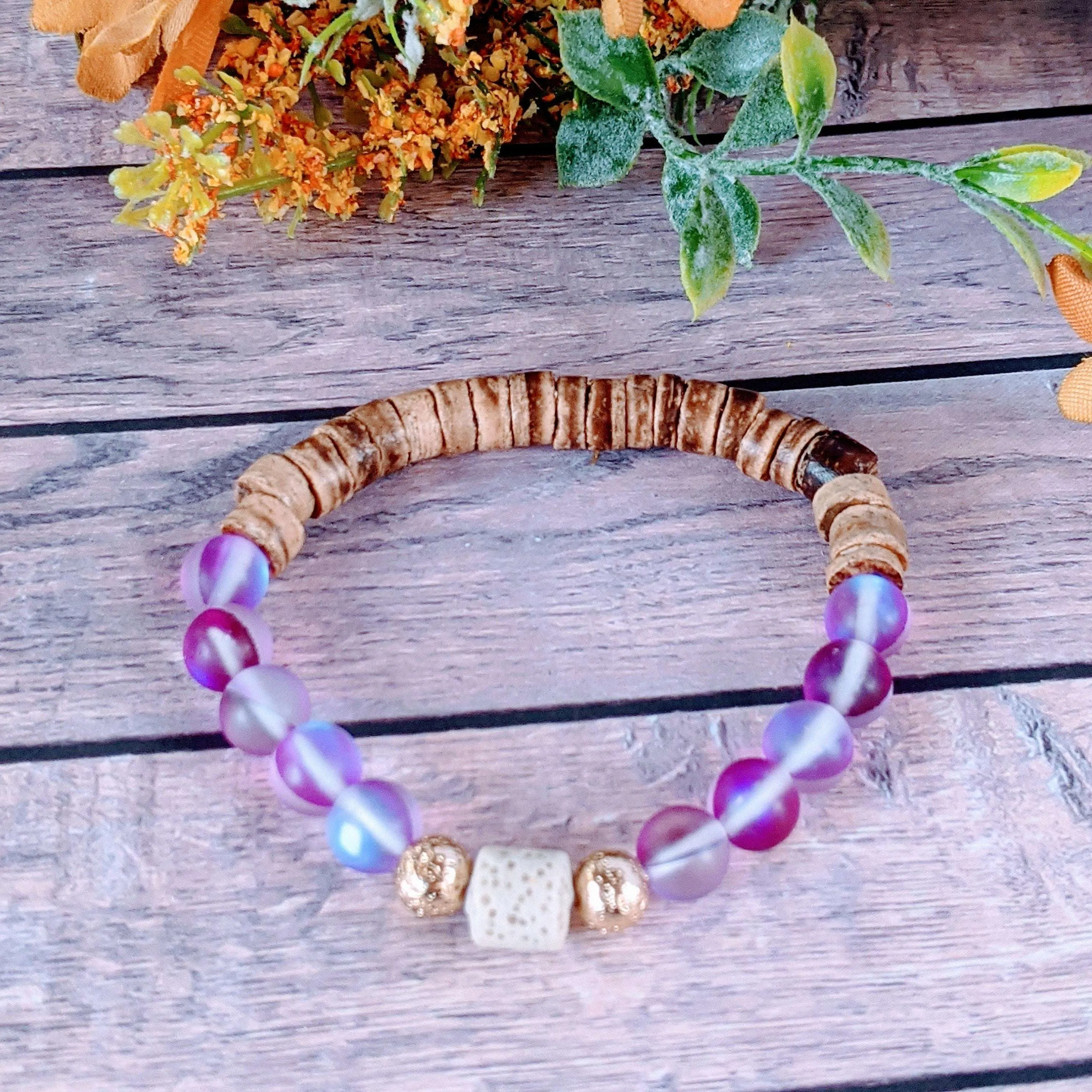 Iridescent Purple Mystic Aura Quartz Gemstone Diffuser bracelet