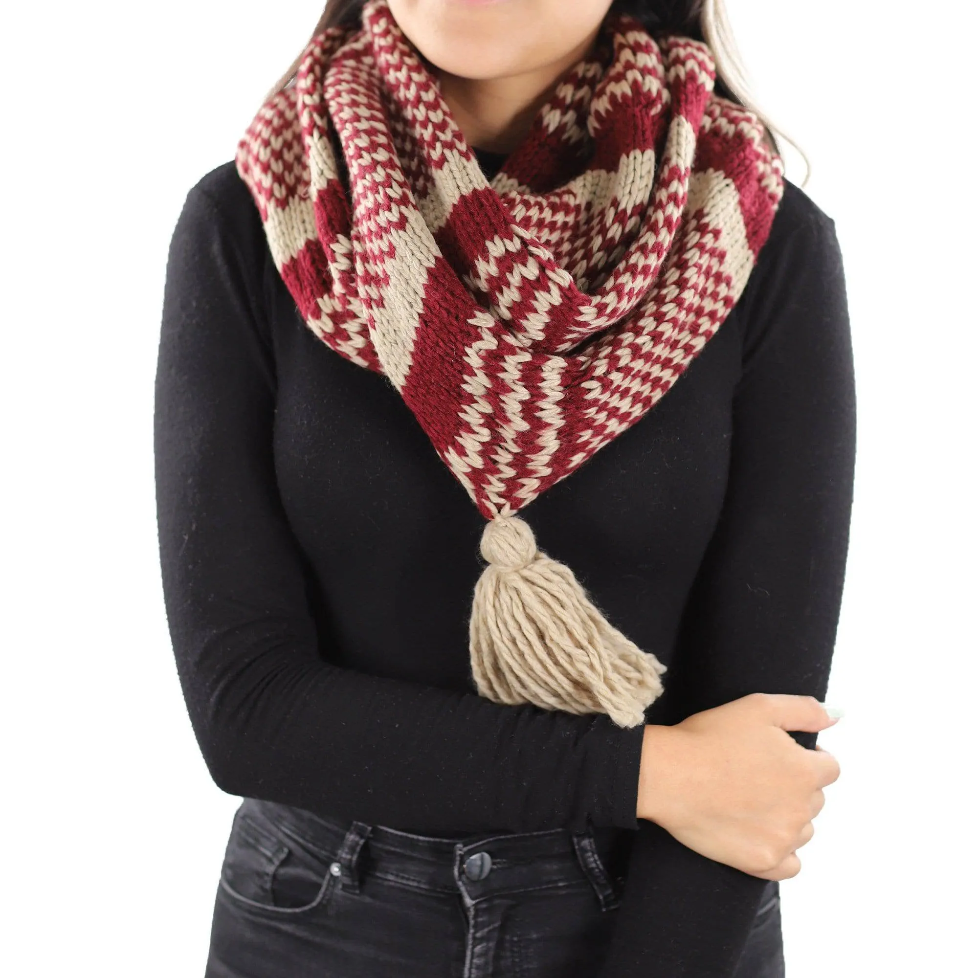 Knit Infinity Muffler w/ Tassel - Ruby/Oatmeal