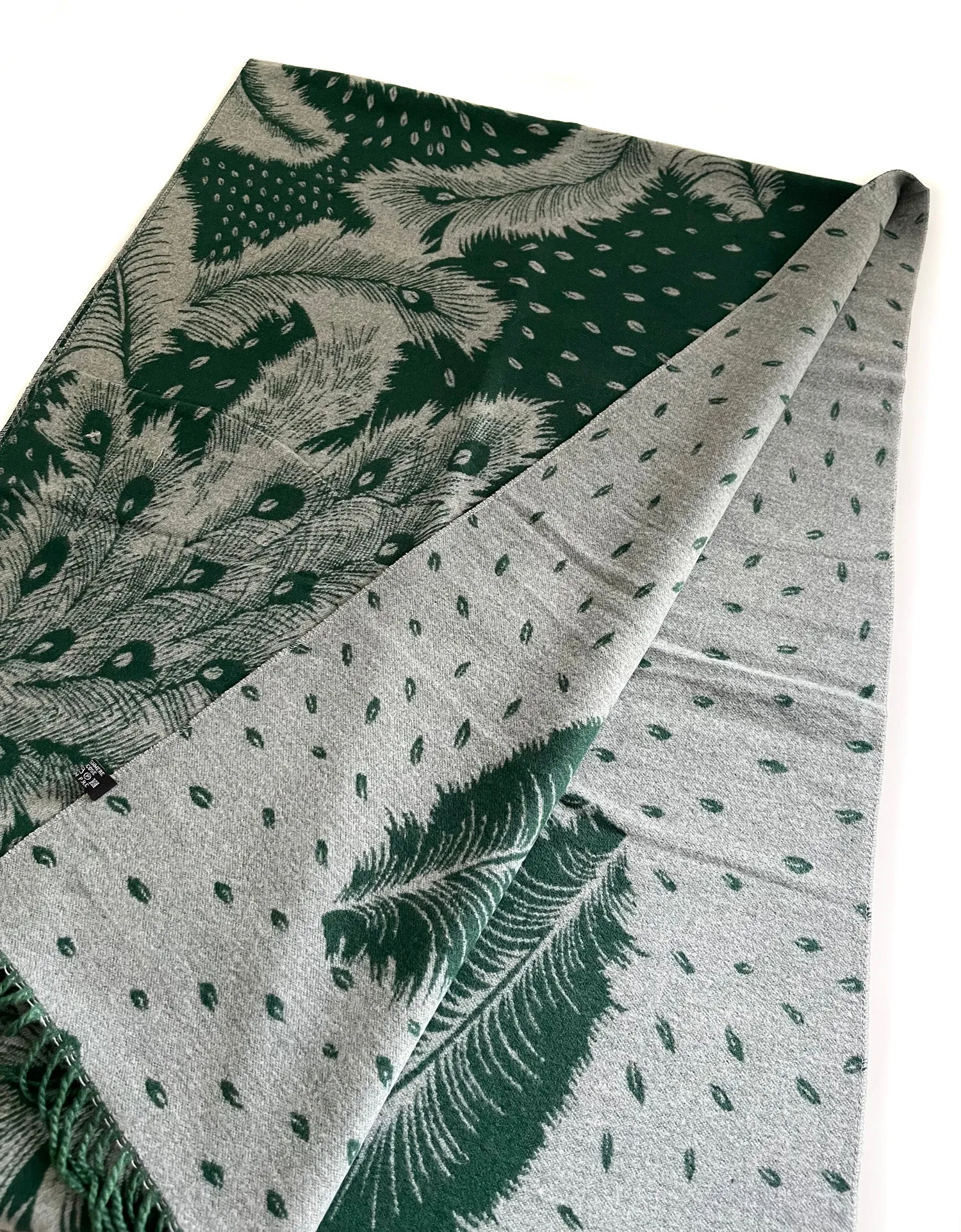 LARGE GREEN CASHMERE FEATHER PRINT REVERSIBLE WINTER SHAWL BLANKET SCARF