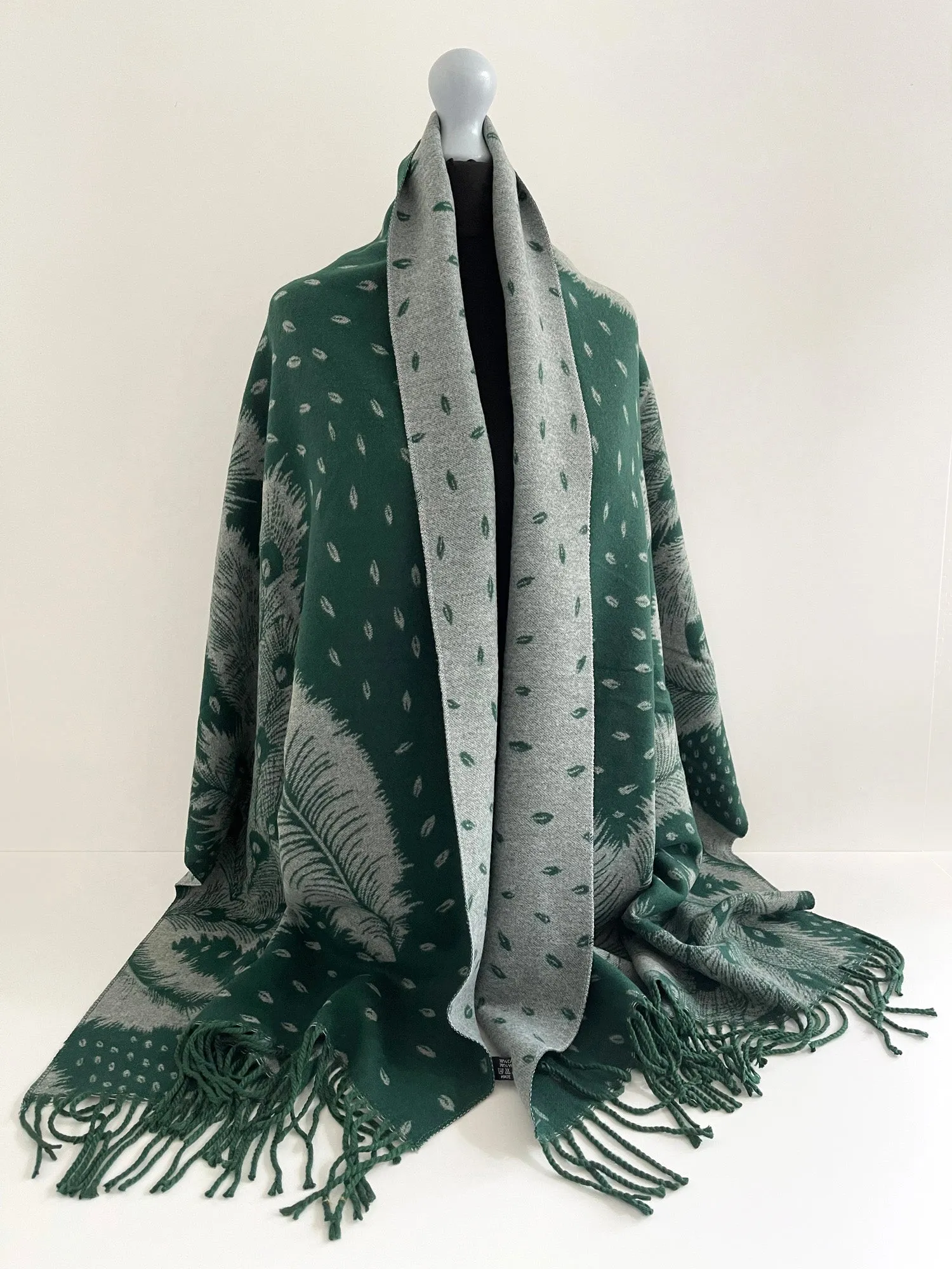 LARGE GREEN CASHMERE FEATHER PRINT REVERSIBLE WINTER SHAWL BLANKET SCARF