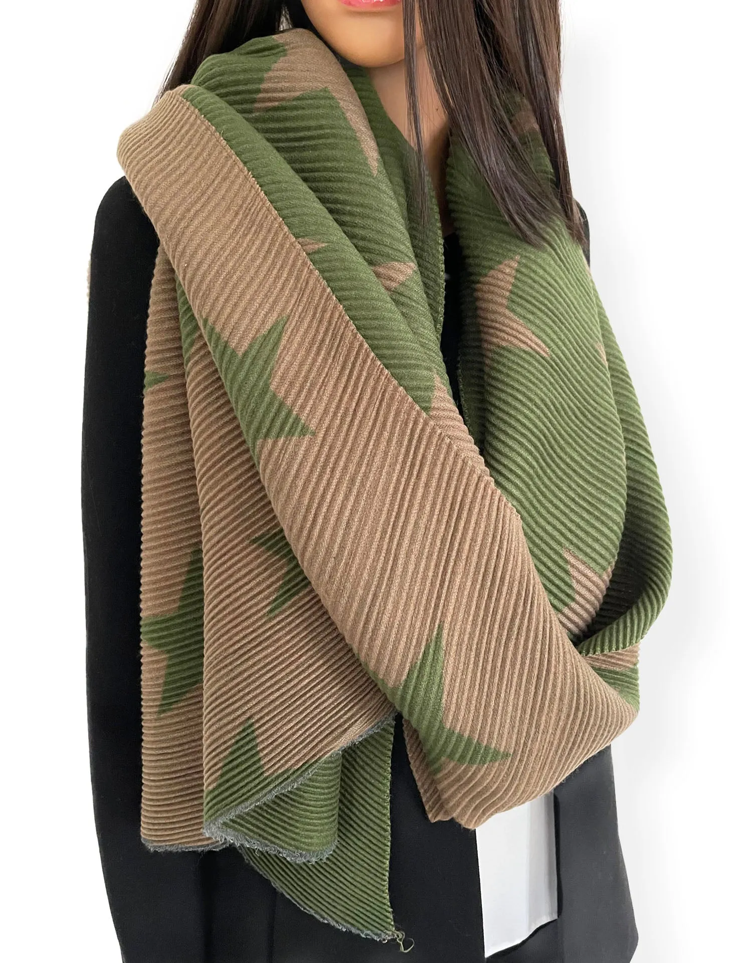 LARGE GREEN STAR THICK REVERSIBLE WINTER SHAWL BLANKET SCARF