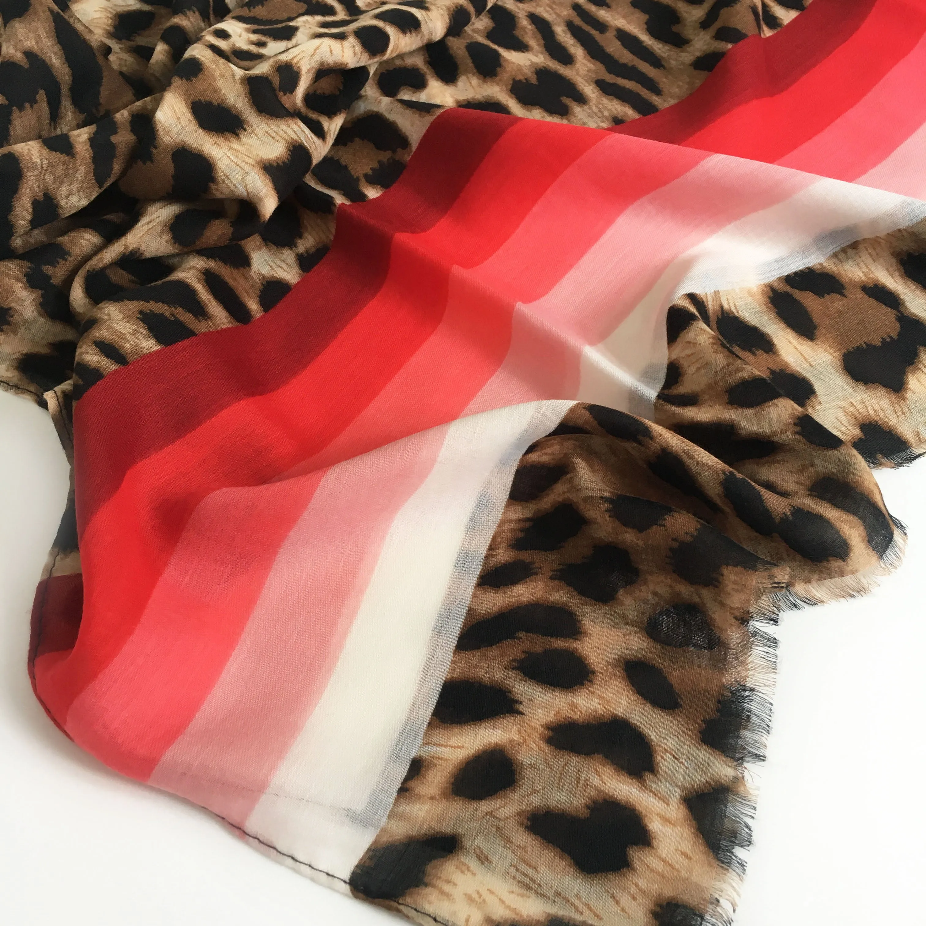 LARGE LEOPARD PRINT SHAWL SCARF WITH RED STRIPES