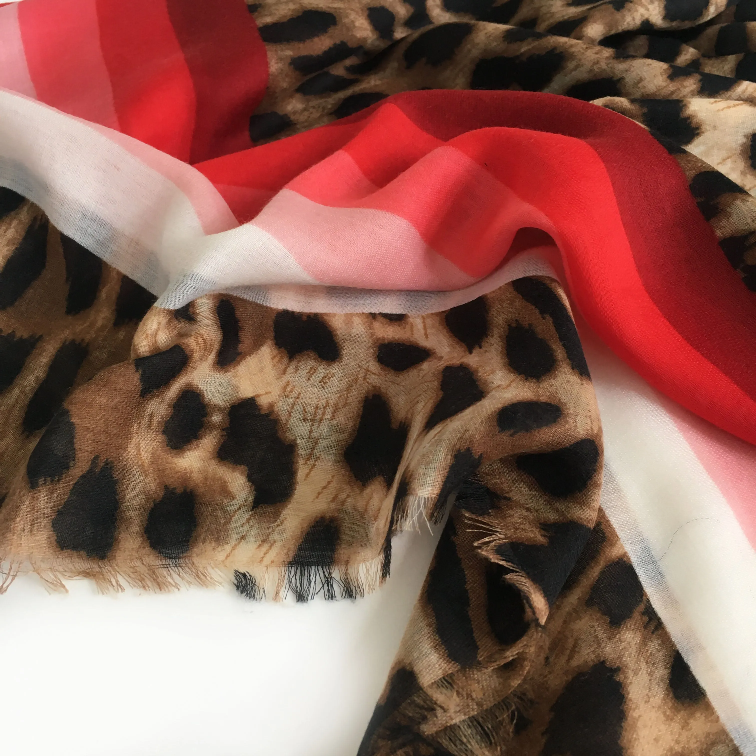 LARGE LEOPARD PRINT SHAWL SCARF WITH RED STRIPES