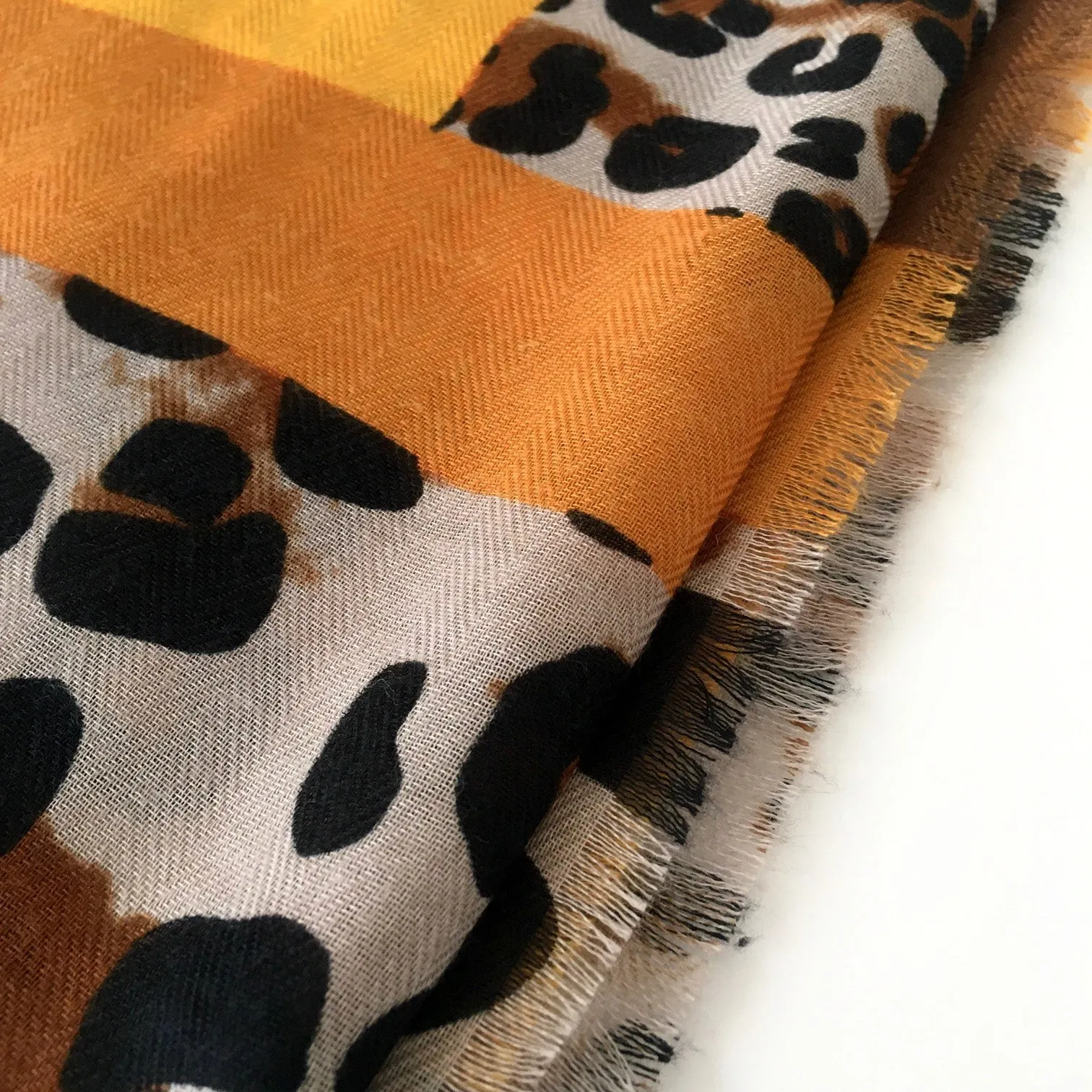 LARGE MUSTARD YELLOW BLOCK PRINT LEOPARD PRINT SHAWL SCARF