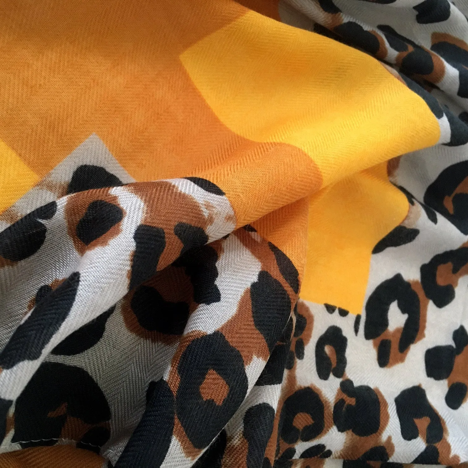 LARGE MUSTARD YELLOW BLOCK PRINT LEOPARD PRINT SHAWL SCARF