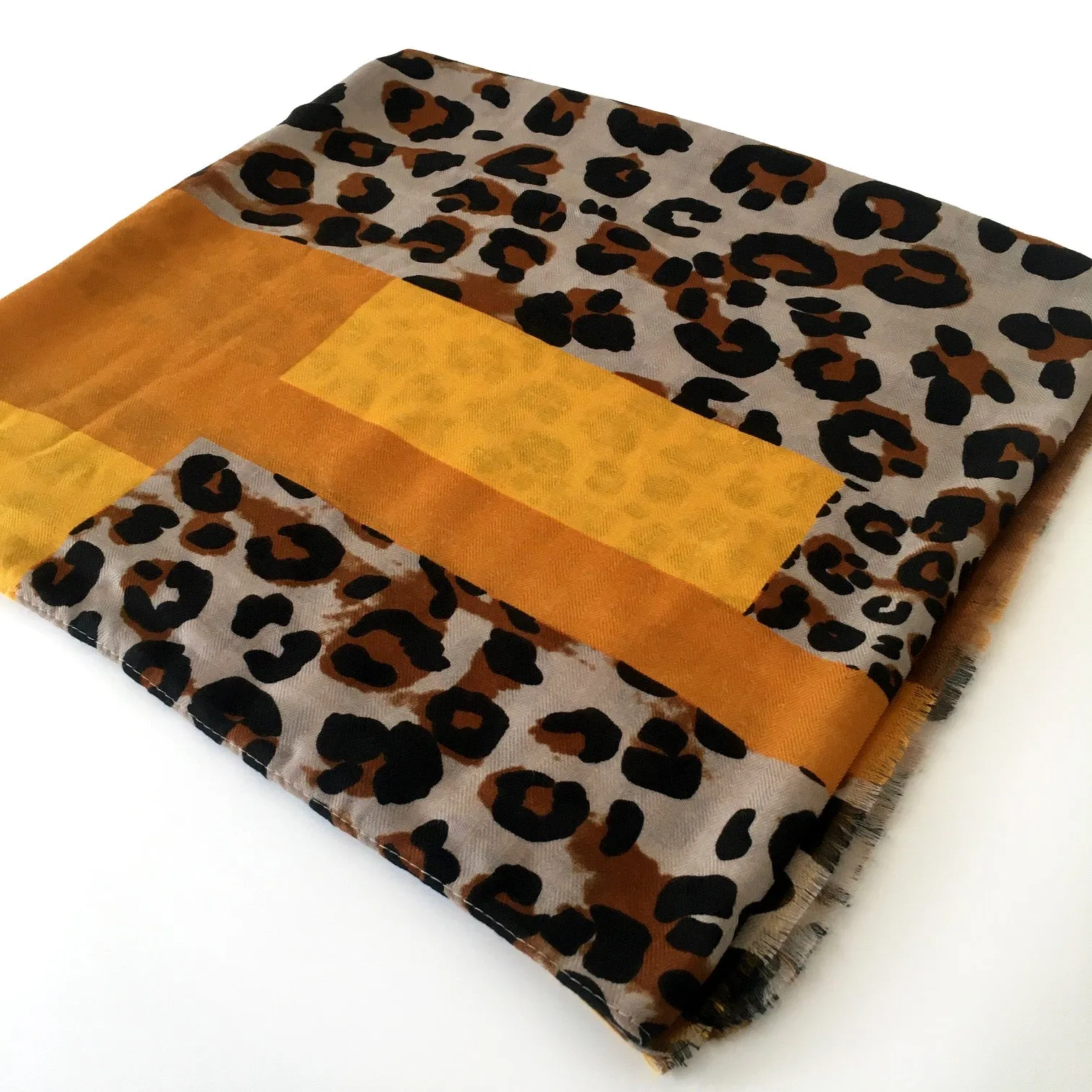 LARGE MUSTARD YELLOW BLOCK PRINT LEOPARD PRINT SHAWL SCARF