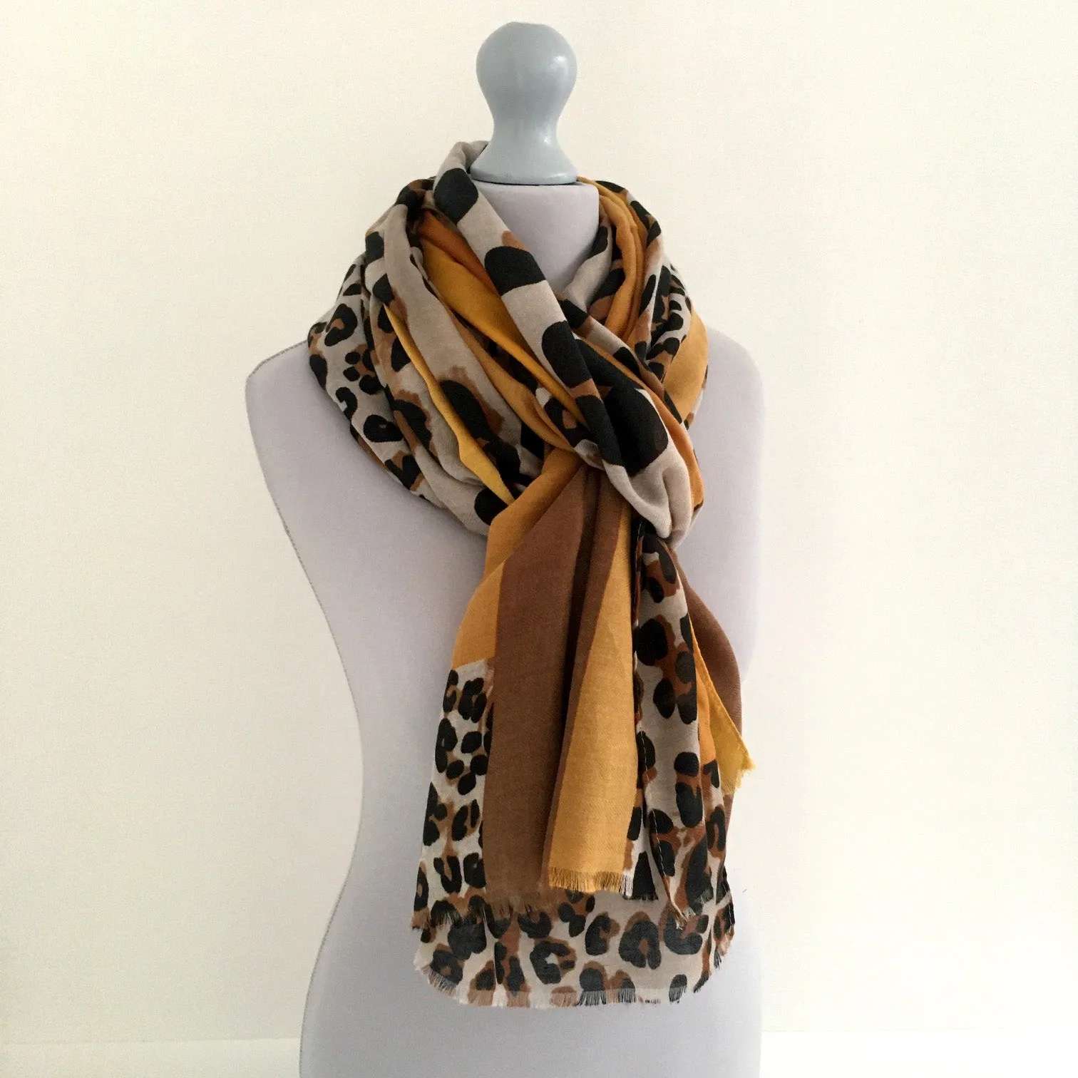 LARGE MUSTARD YELLOW BLOCK PRINT LEOPARD PRINT SHAWL SCARF