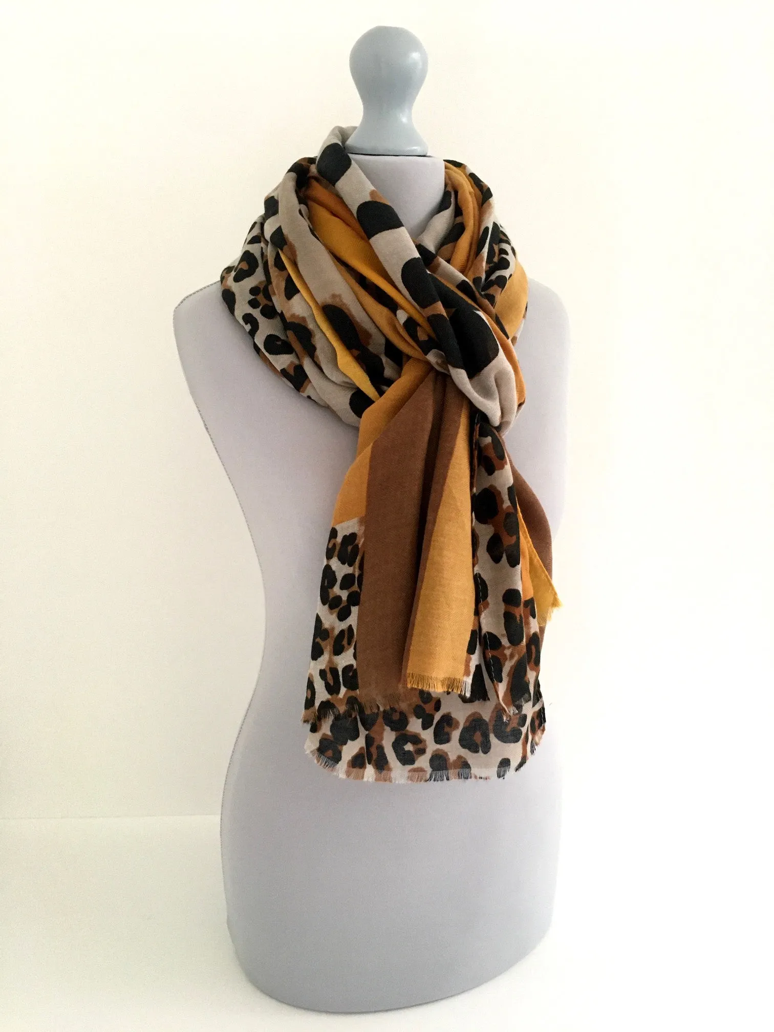 LARGE MUSTARD YELLOW BLOCK PRINT LEOPARD PRINT SHAWL SCARF