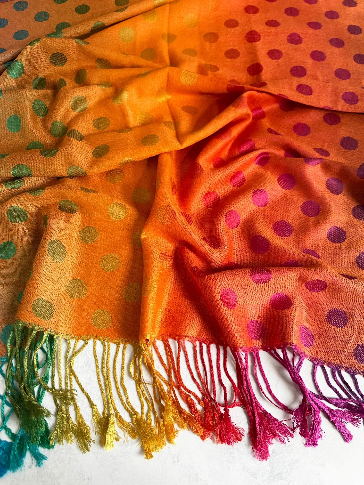 LARGE ORANGE MULTI-COLOUR DOT PRINT PASHMINA SHAWL SCARF