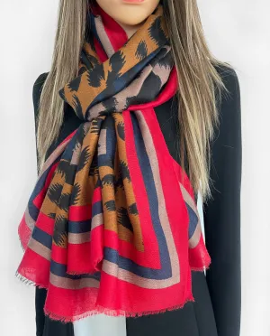 LARGE RED STRIPE LEOPARD PRINT SCARF