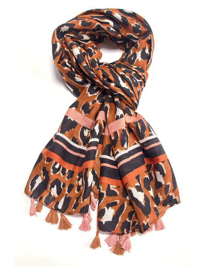 LARGE TAN BROWN TRIBAL LEOPARD PRINT SCARF WITH TASSELS