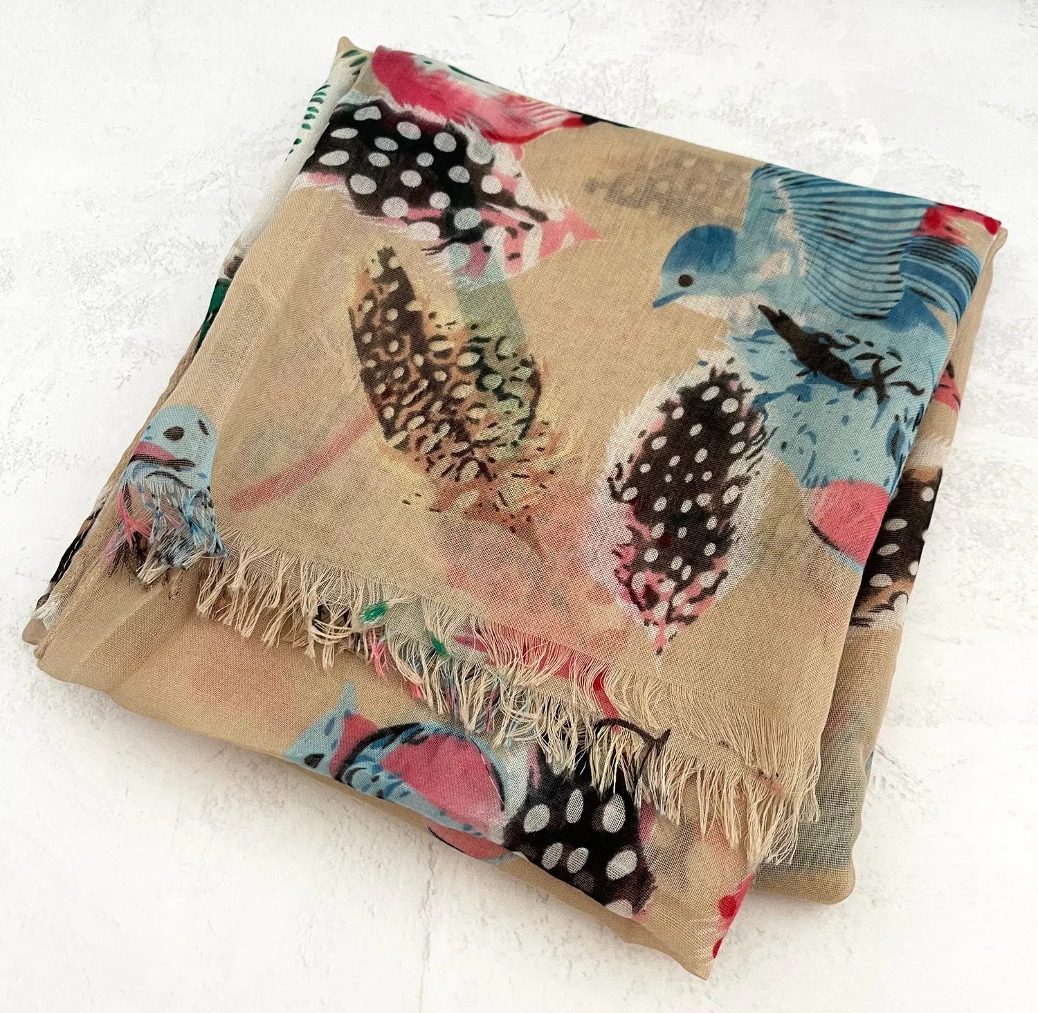 LIGHTWEIGHT BEIGE BIRDS AND FEATHERS SCARF