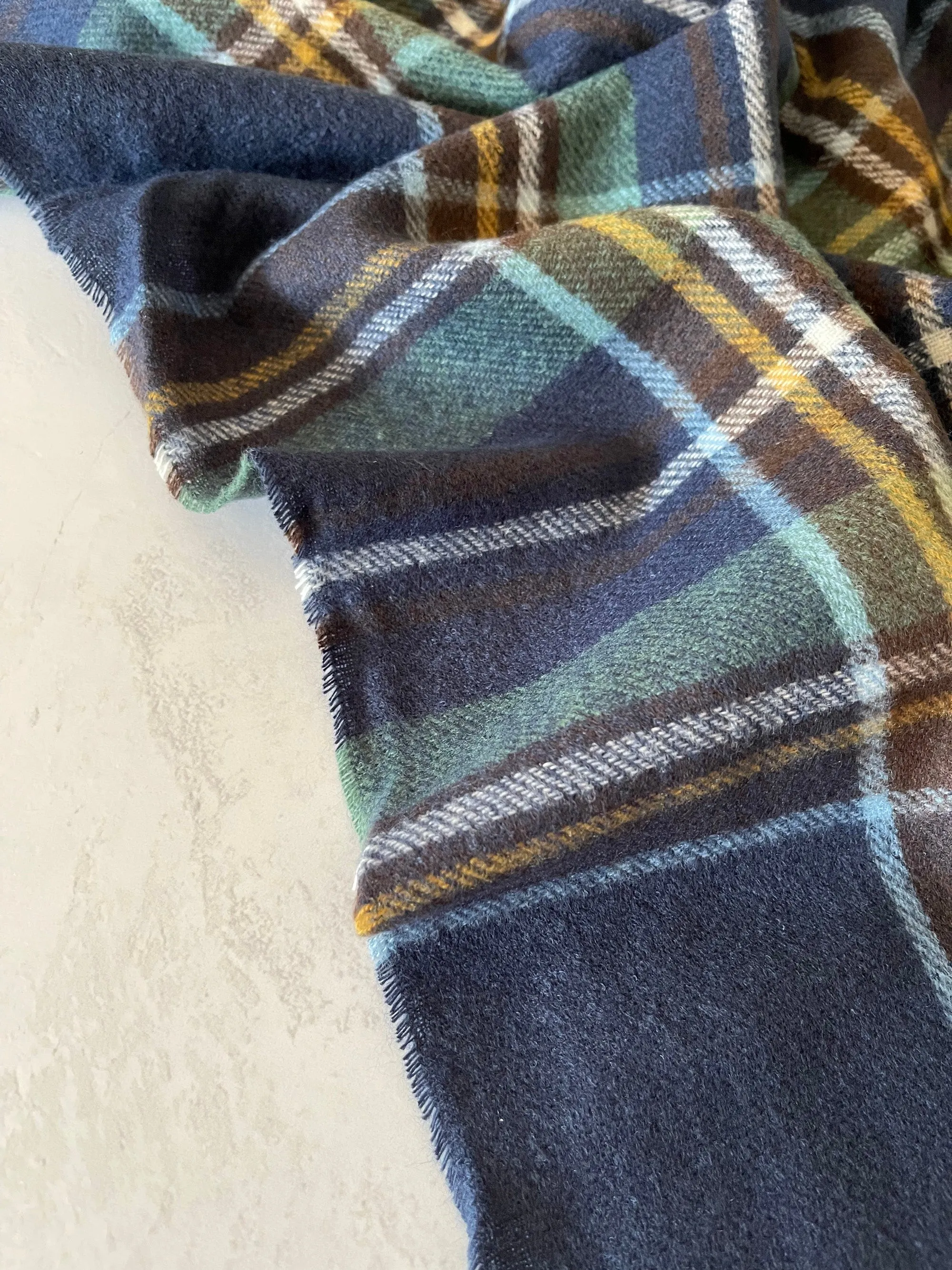 LONG BLUE WOOL MIX CHECKED TARTAN SCARF