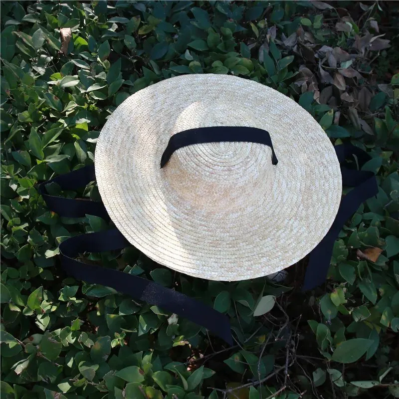 Ribbon Hat With Wide Flat Brim and Tie