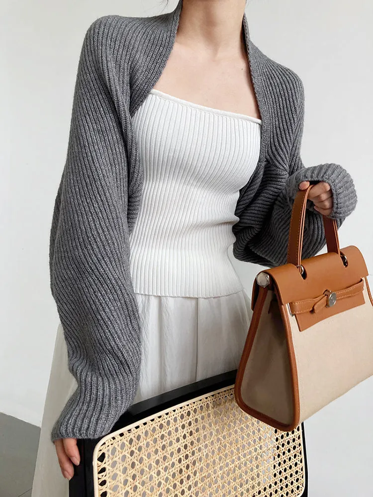 Sophisticated Layers: Gray Knitted Shrug Scarf