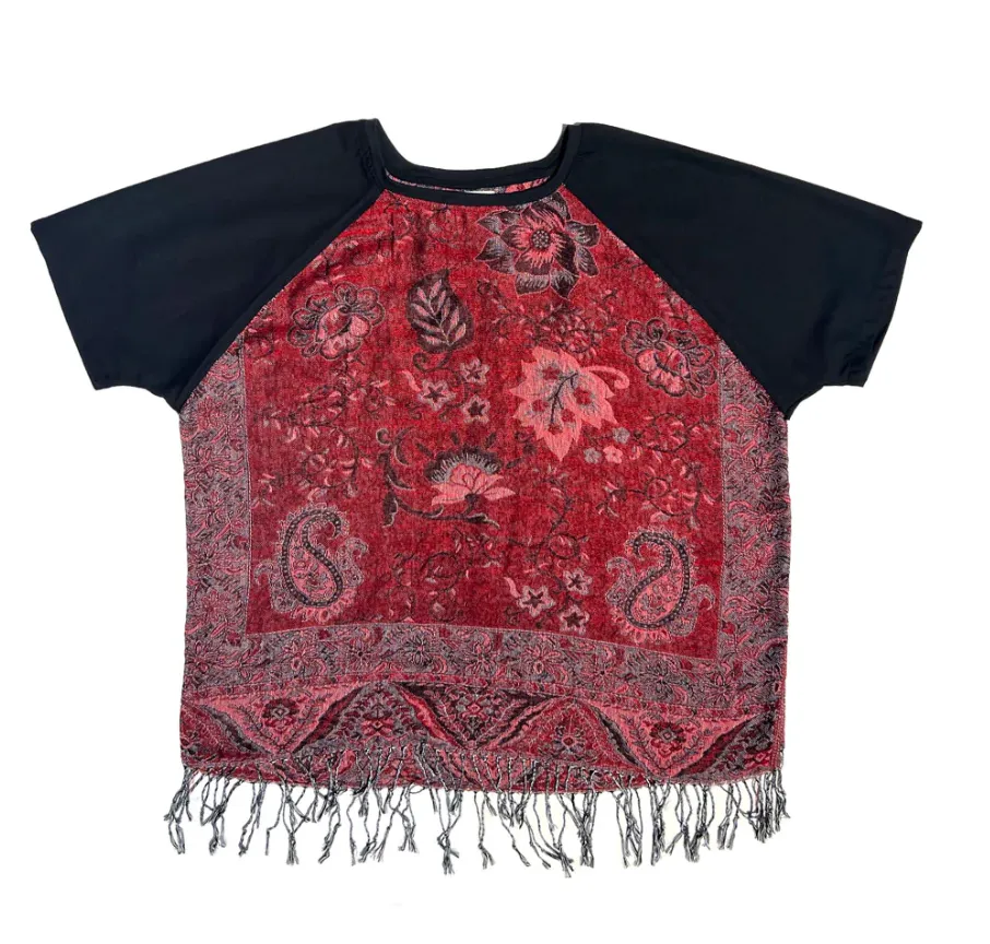 T-Shirt With Short Raglan Sleeves Red Mix Pattern Grey