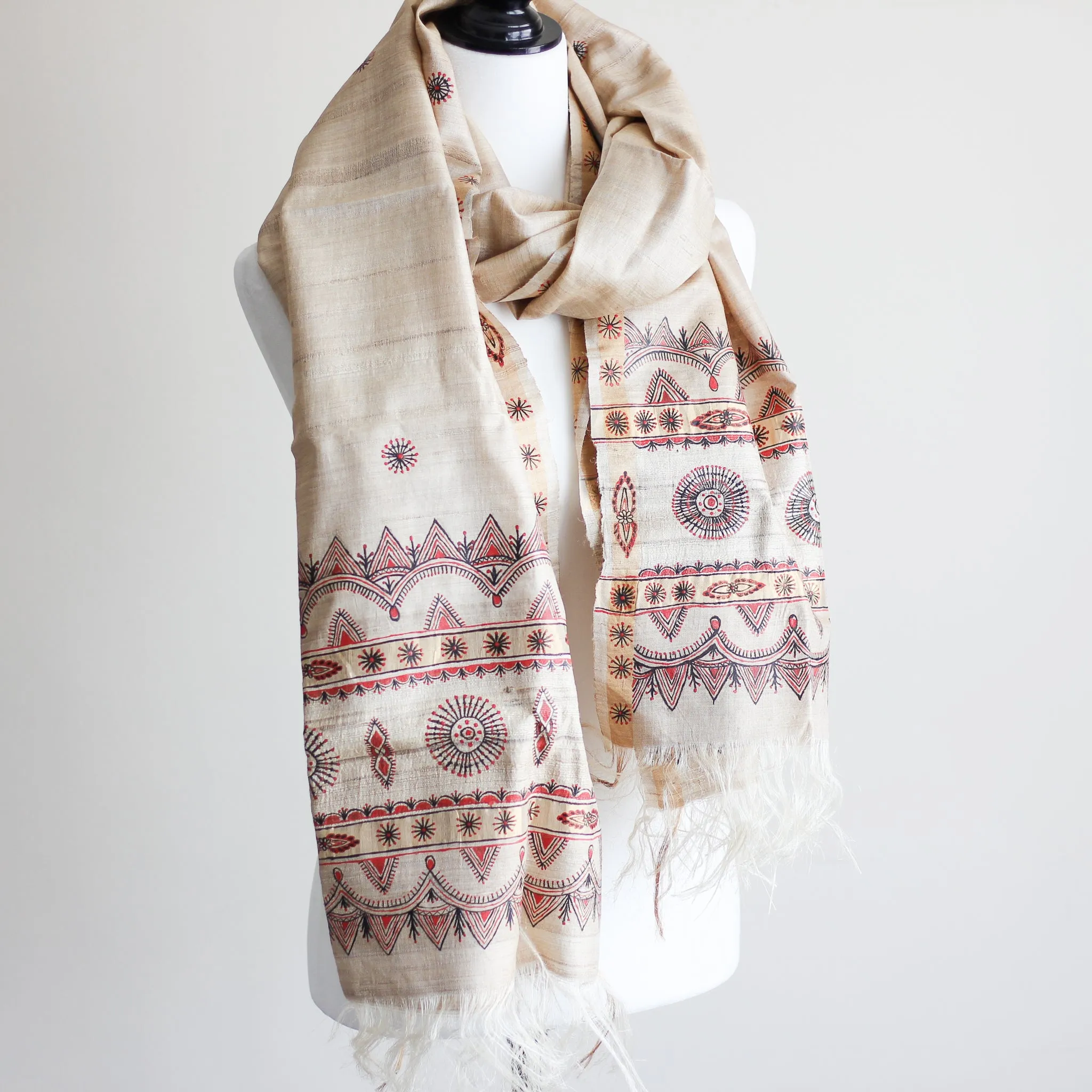 Tribal Godana Hand-painted, Handwoven Silk Wrap - Natural Colours | Golden Stole, 24x81"