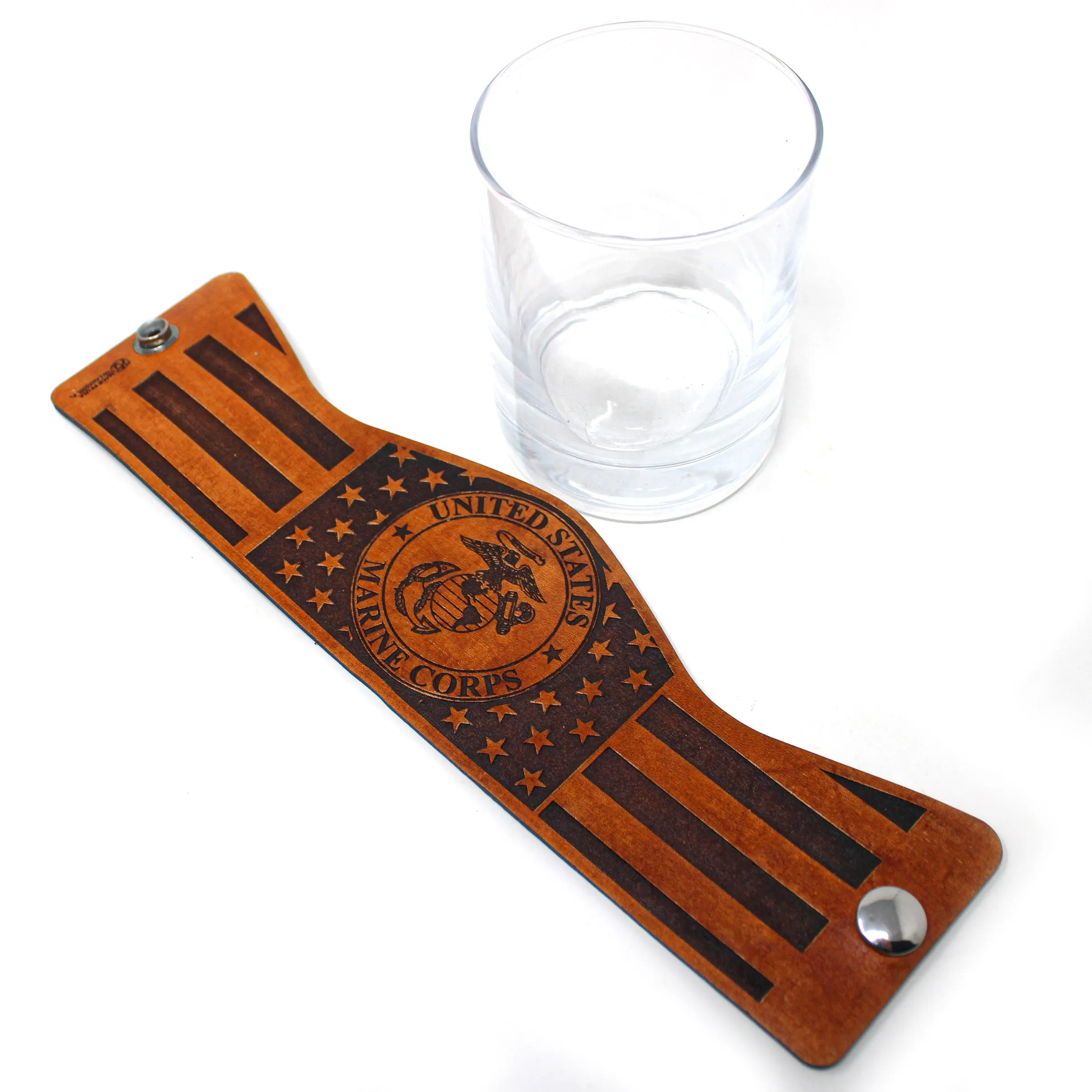 Whiskey Glass Leather Wrap - American flag Marine Corps Engraved