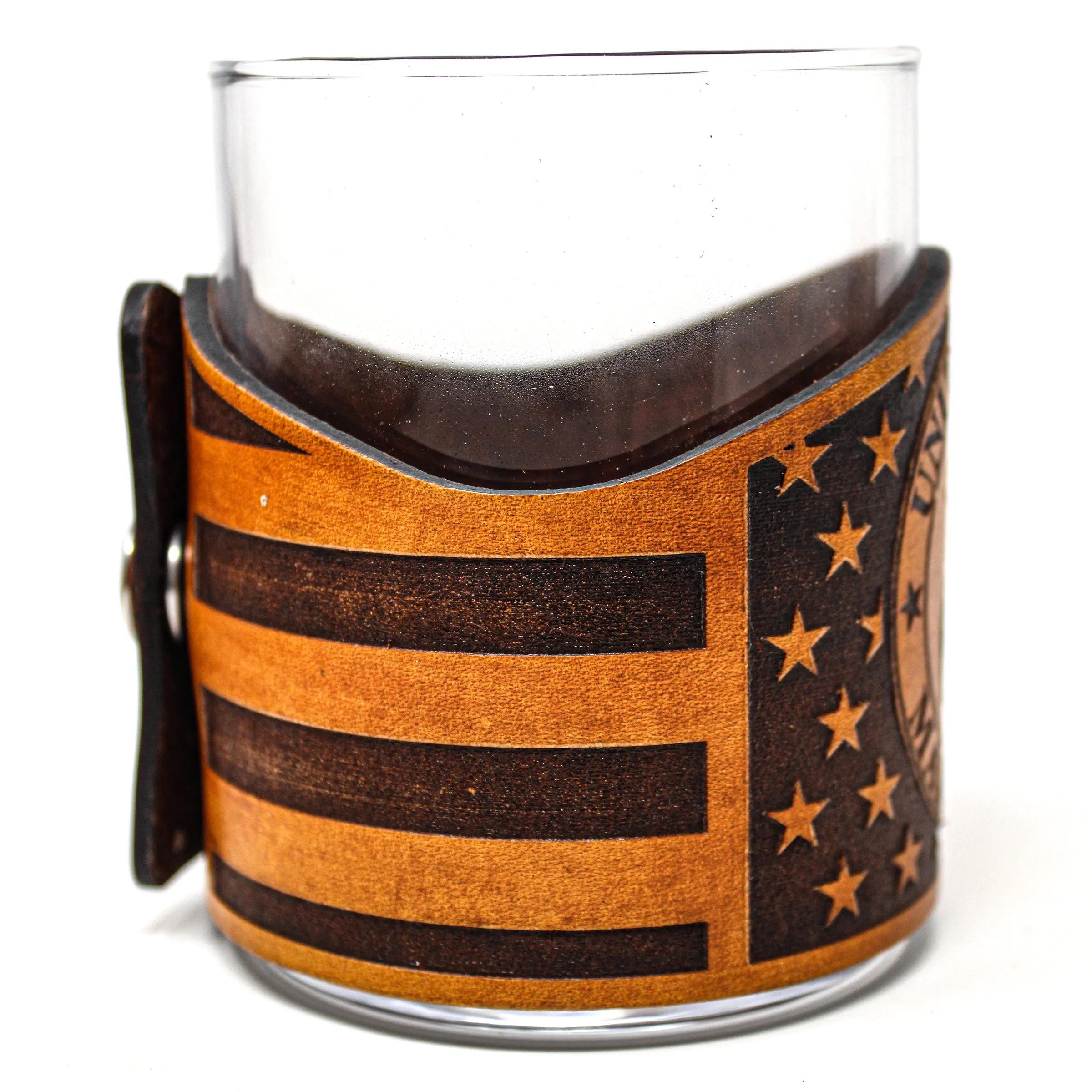 Whiskey Glass Leather Wrap - American flag Marine Corps Engraved