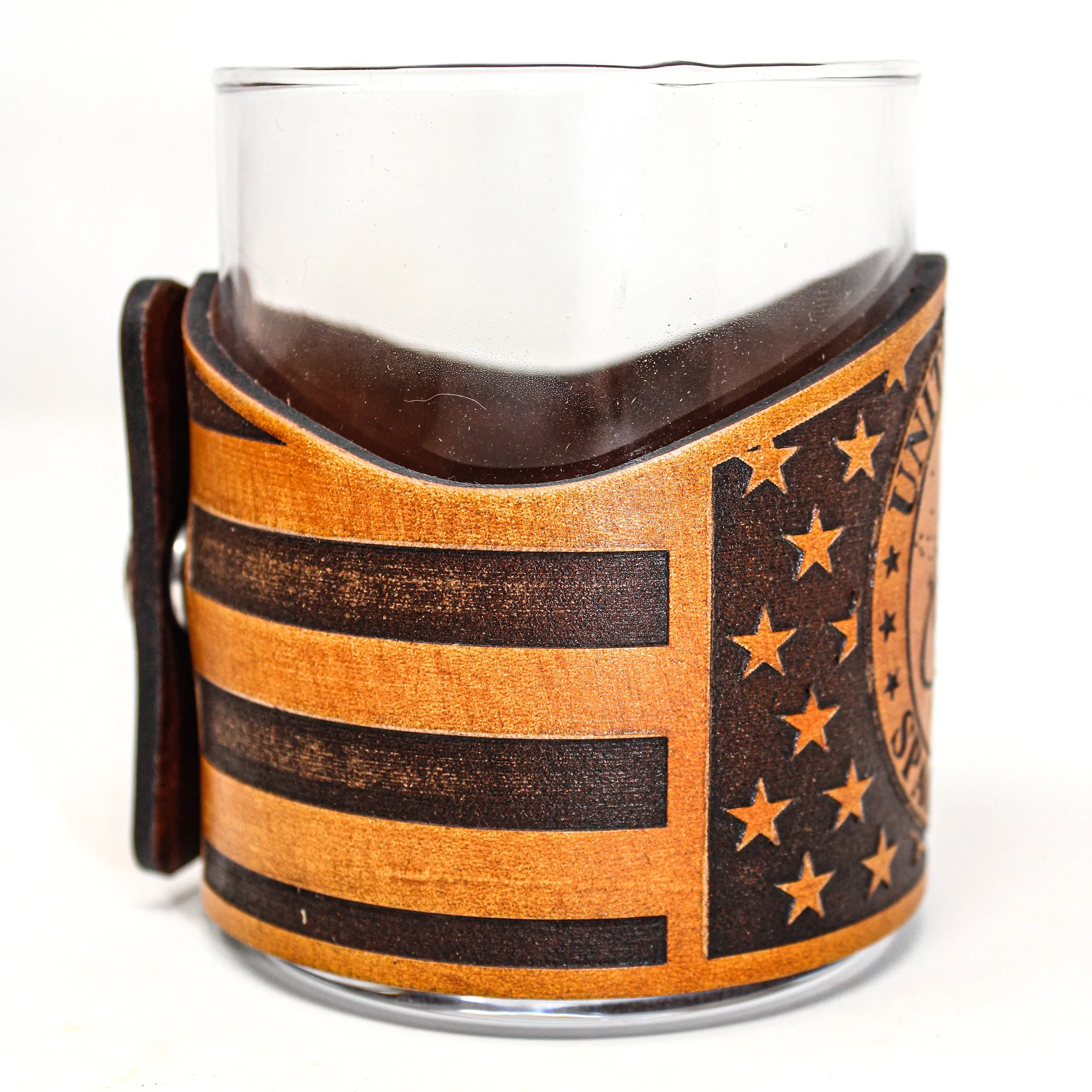 Whiskey Glass Leather Wrap - American flag Space Force Engraved