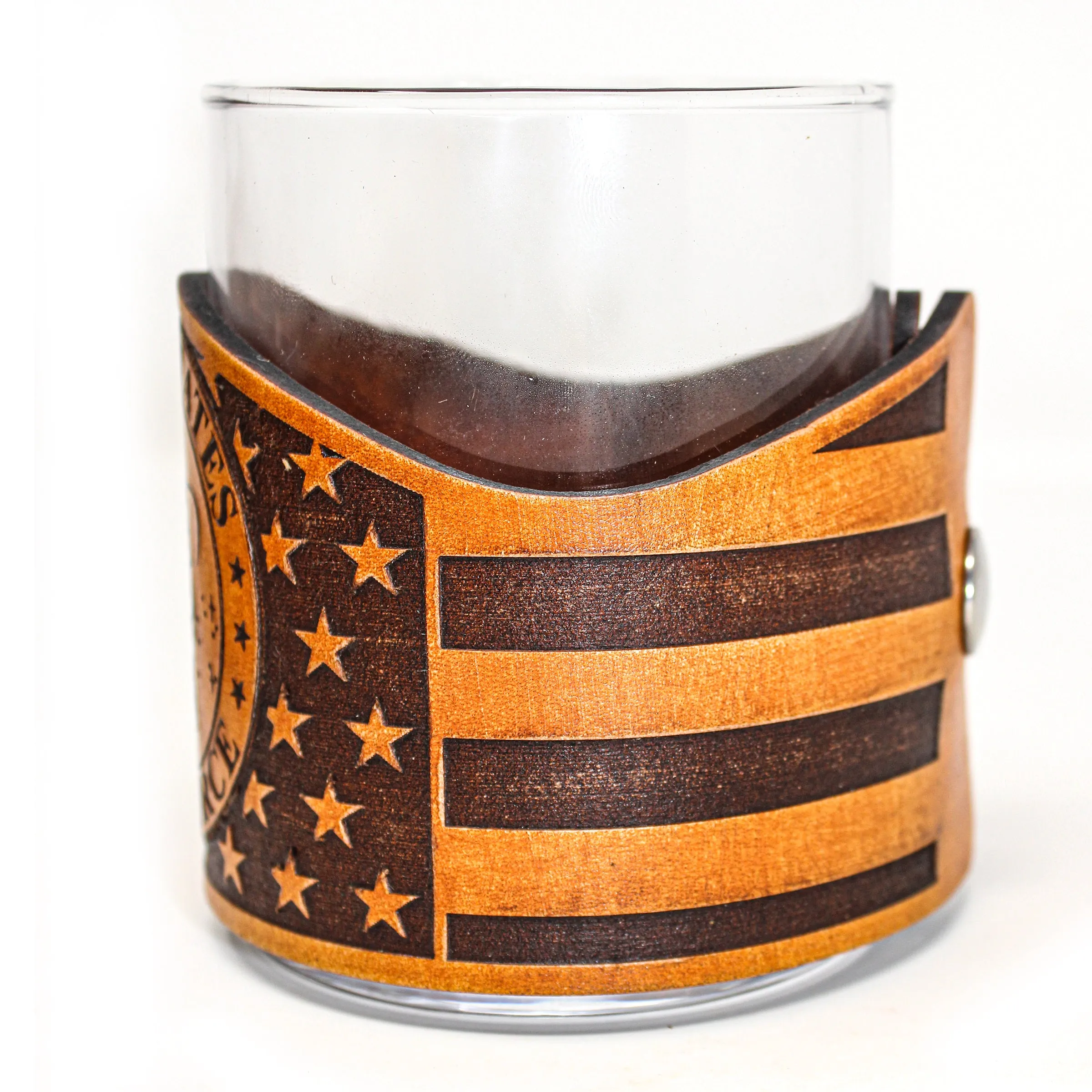 Whiskey Glass Leather Wrap - American flag Space Force Engraved