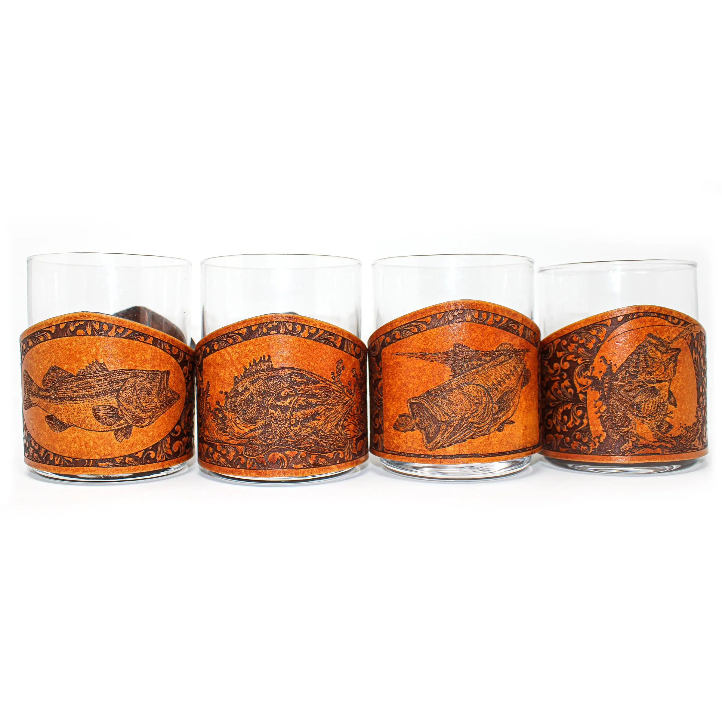 Whiskey Glass Leather Wrap - Large Mouth Bass Rocks Glass Set