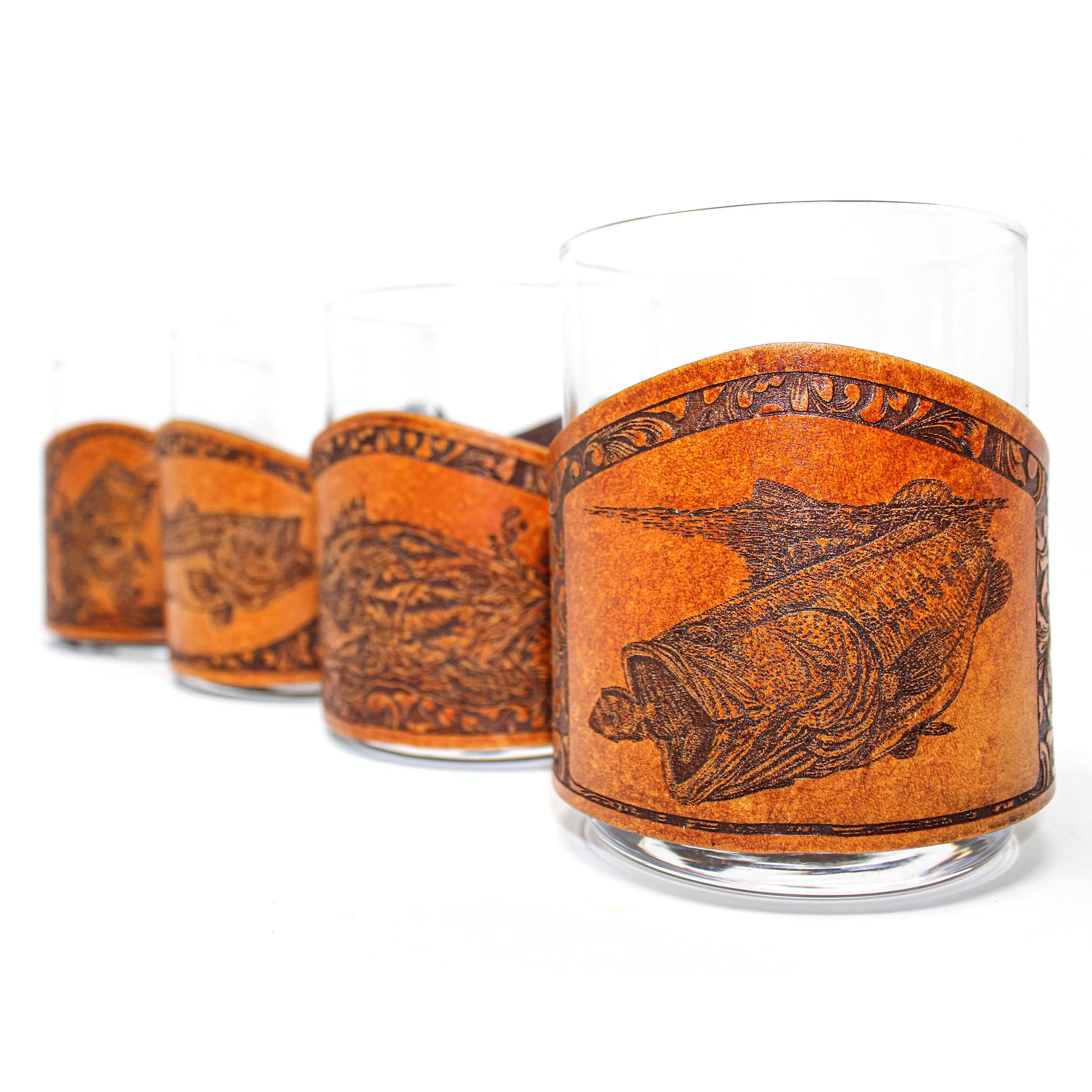 Whiskey Glass Leather Wrap - Large Mouth Bass Rocks Glass Set