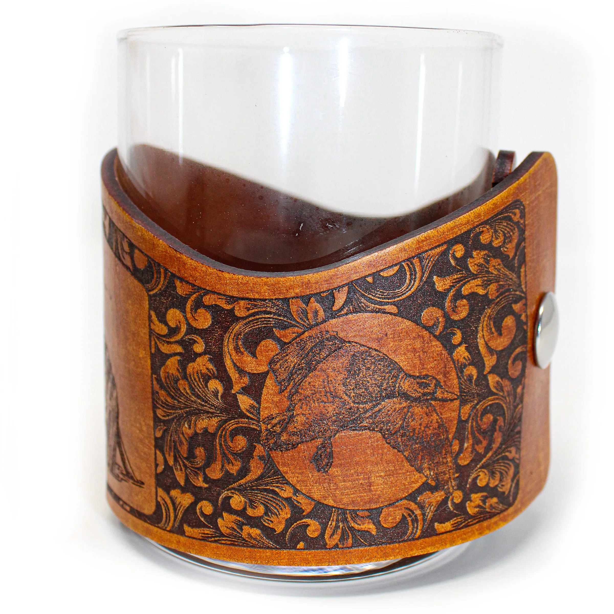 Whiskey Glass Leather Wrap - Mallard Retreived Bird Dog Rocks Glass