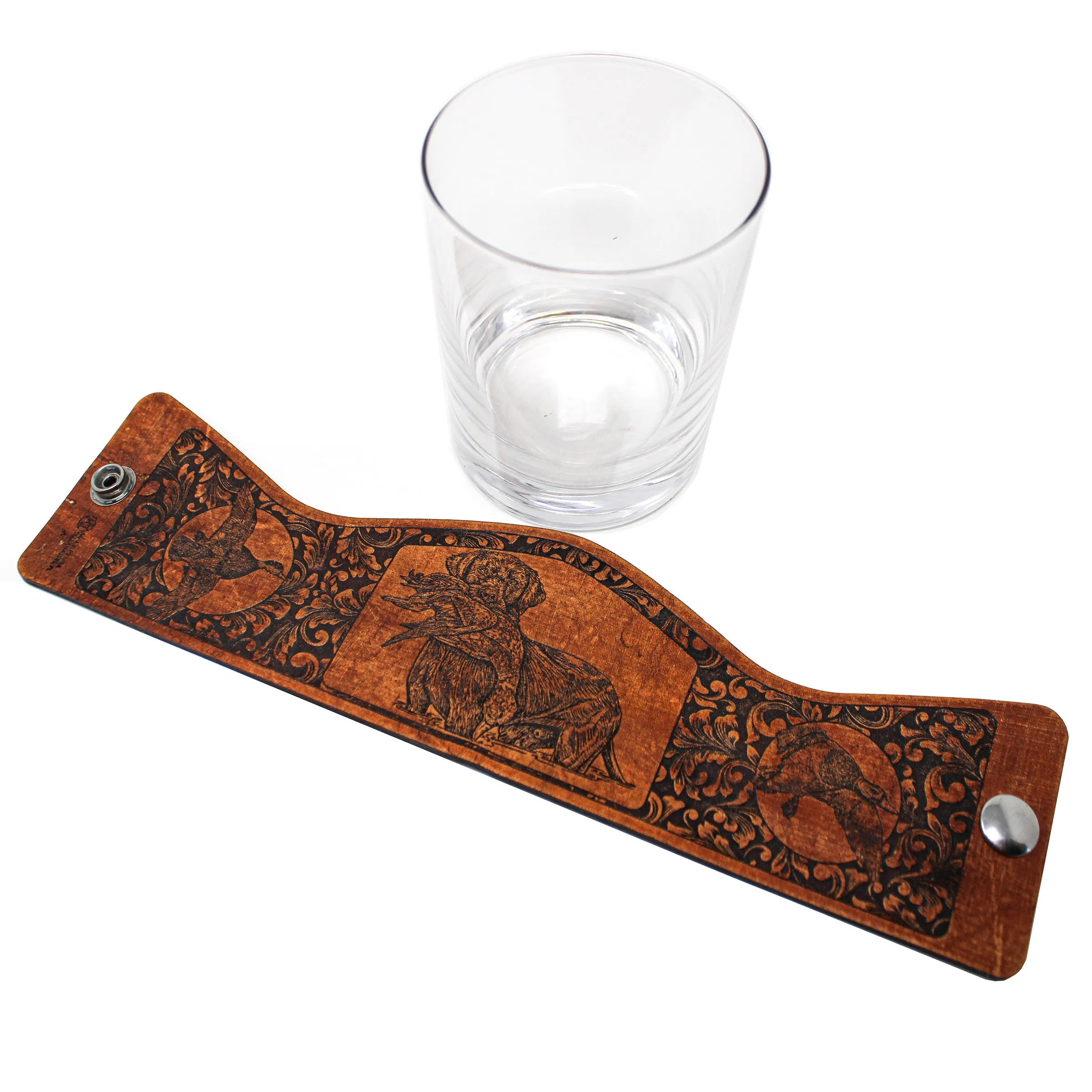 Whiskey Glass Leather Wrap - Mallard Retreived Bird Dog Rocks Glass